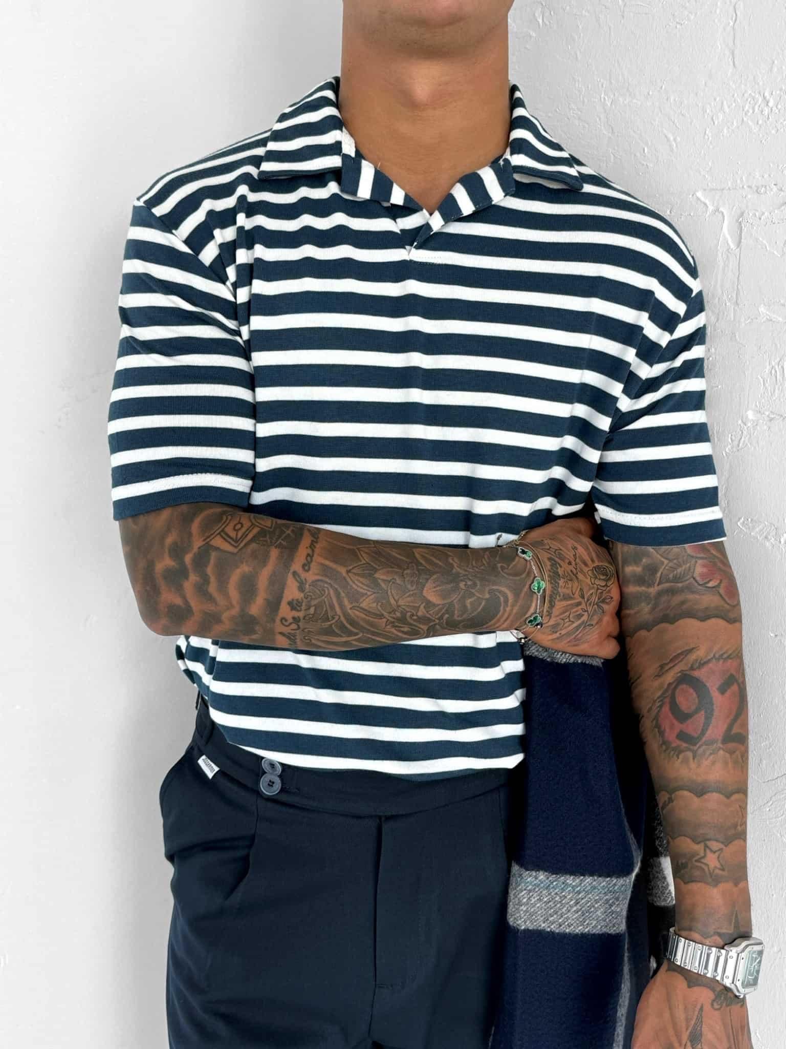 Erkek Polo Yaka Çizgili Rahat T-Shirt Mavi