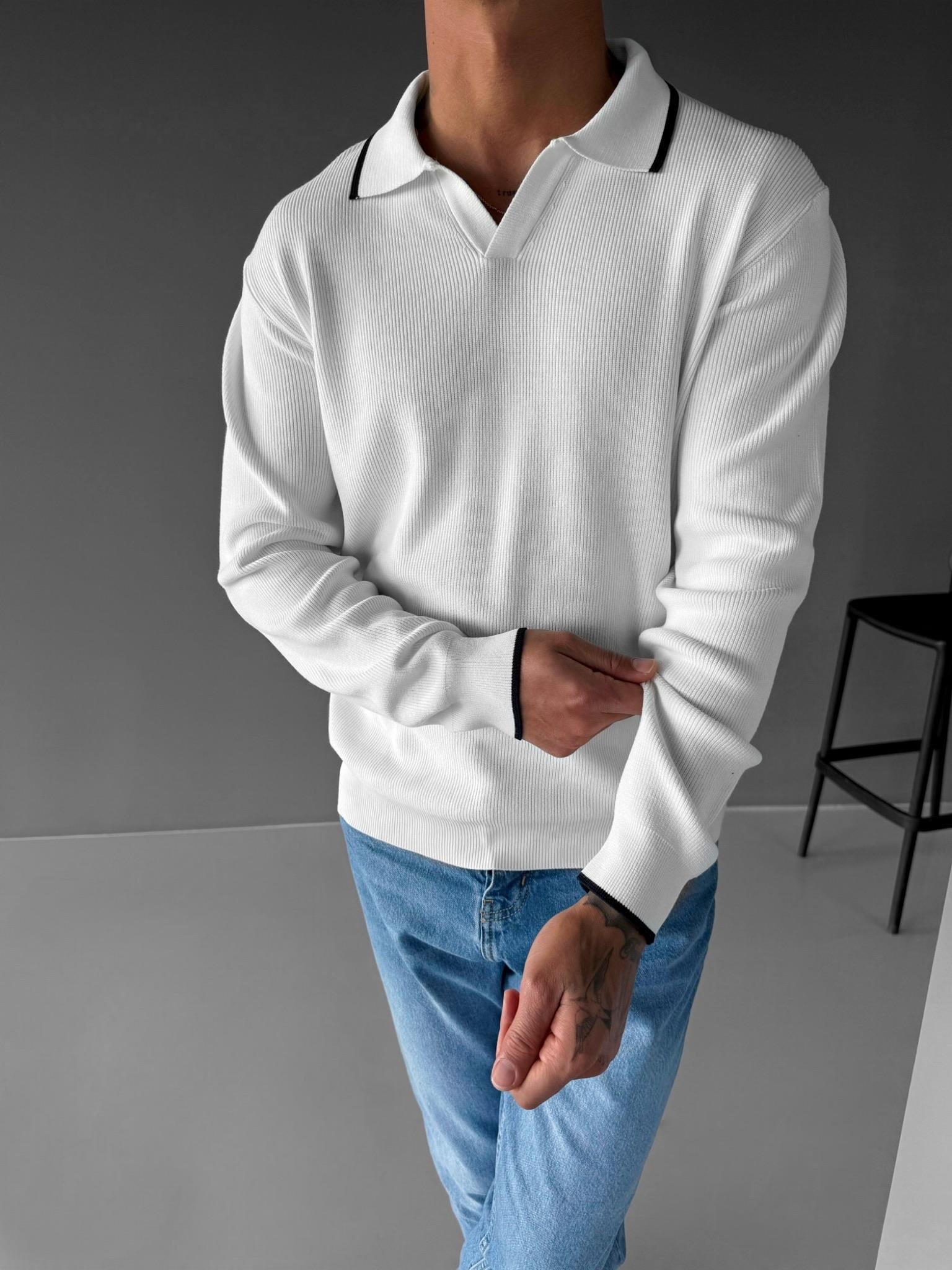 Erkek Polo Yaka İnce Fitilli Kazak Ekru