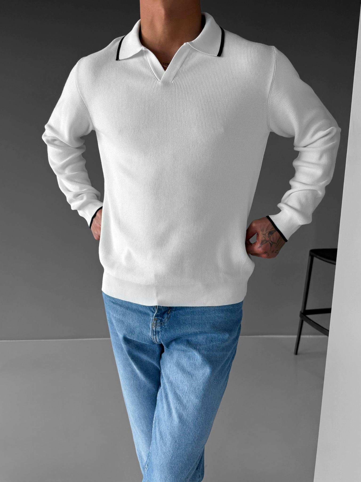 Erkek Polo Yaka İnce Fitilli Kazak Ekru