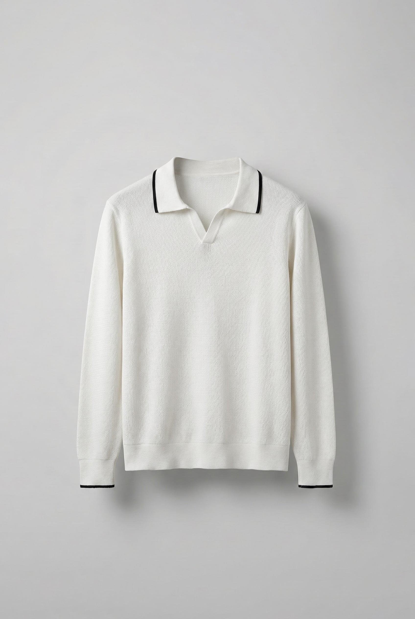 Erkek Polo Yaka İnce Fitilli Kazak Ekru