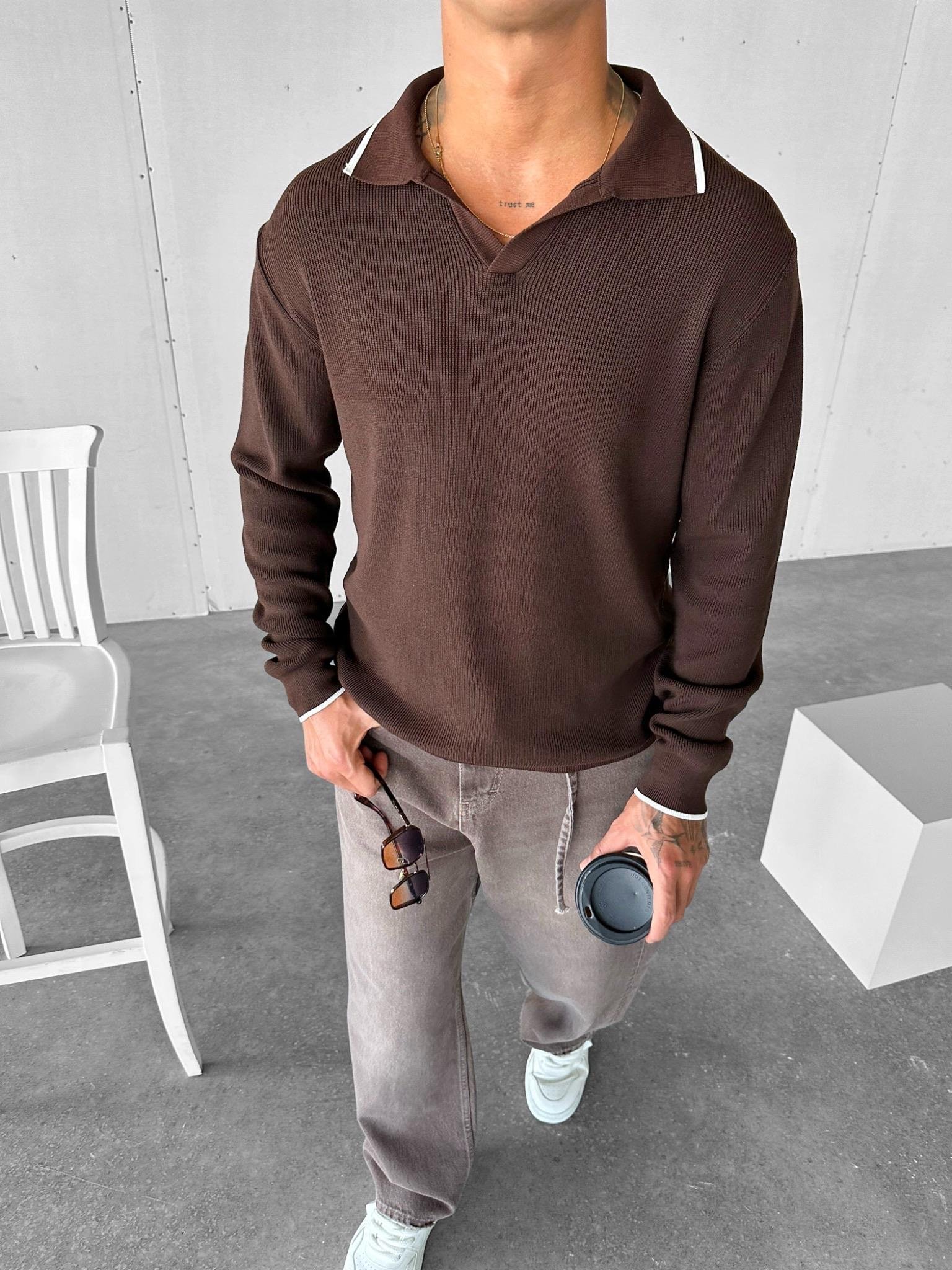 Erkek Polo Yaka İnce Fitilli Kazak Kahve