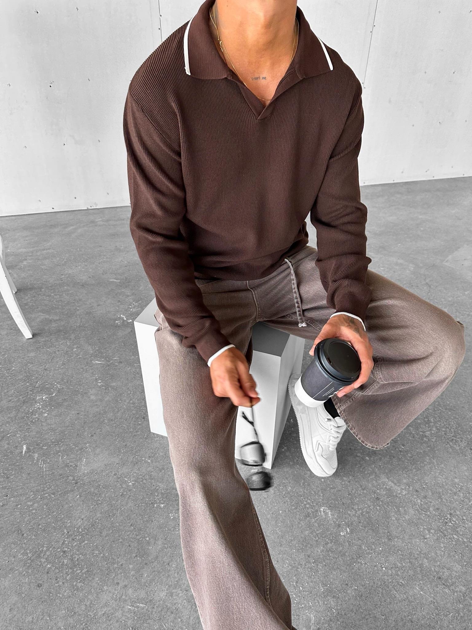 Erkek Polo Yaka İnce Fitilli Kazak Kahve