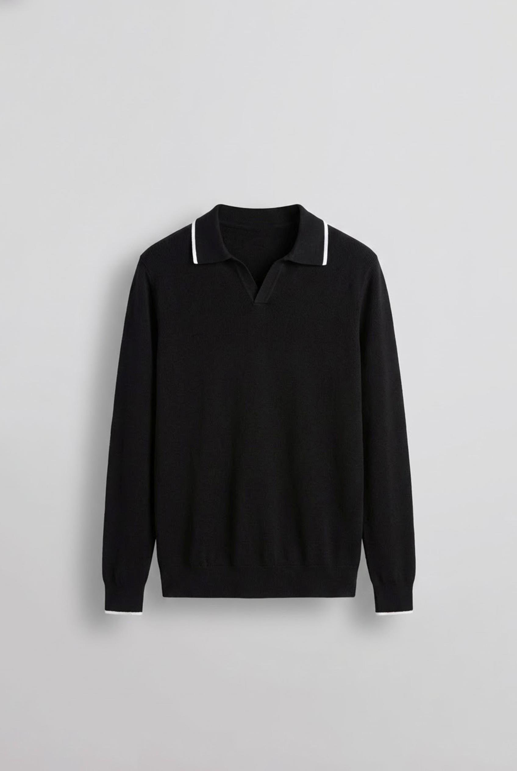 Erkek Polo Yaka İnce Fitilli Kazak Siyah