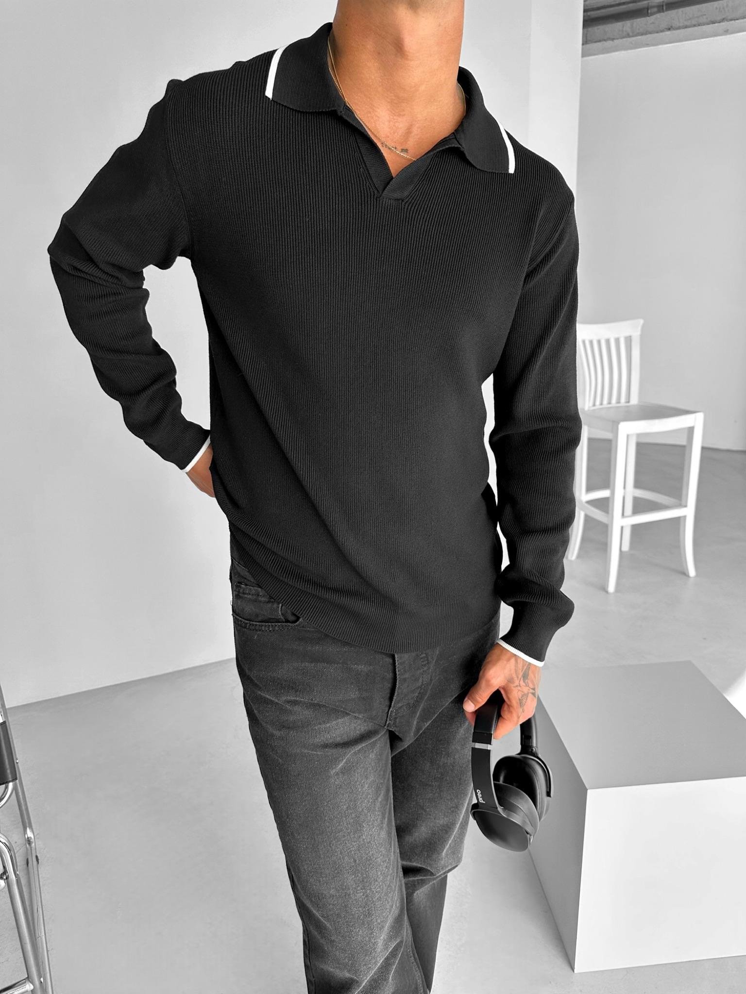 Erkek Polo Yaka İnce Fitilli Kazak Siyah