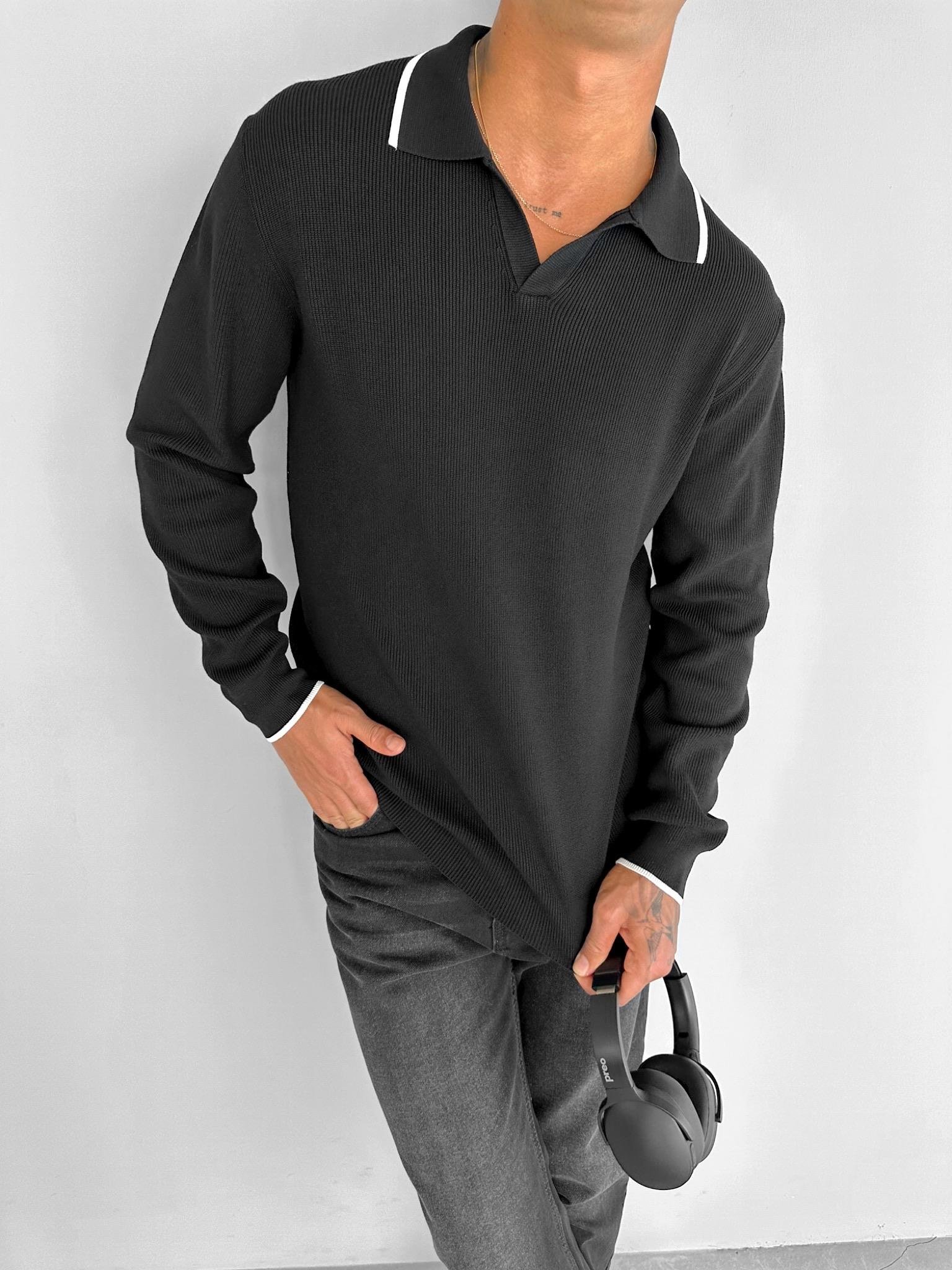 Erkek Polo Yaka İnce Fitilli Kazak Siyah