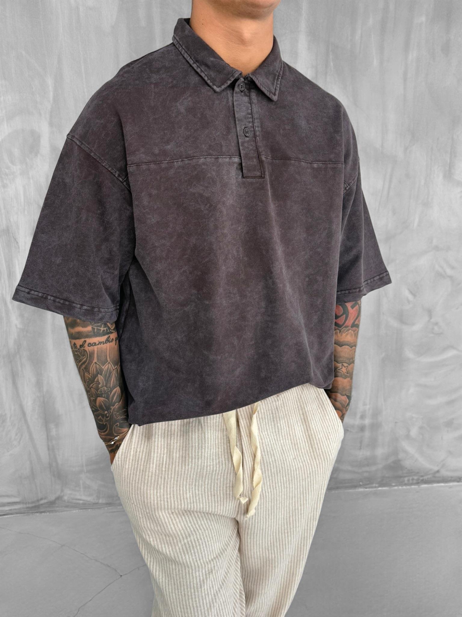 Erkek Polo Yaka Oversize Yıkamalı T-Shirt Kahve