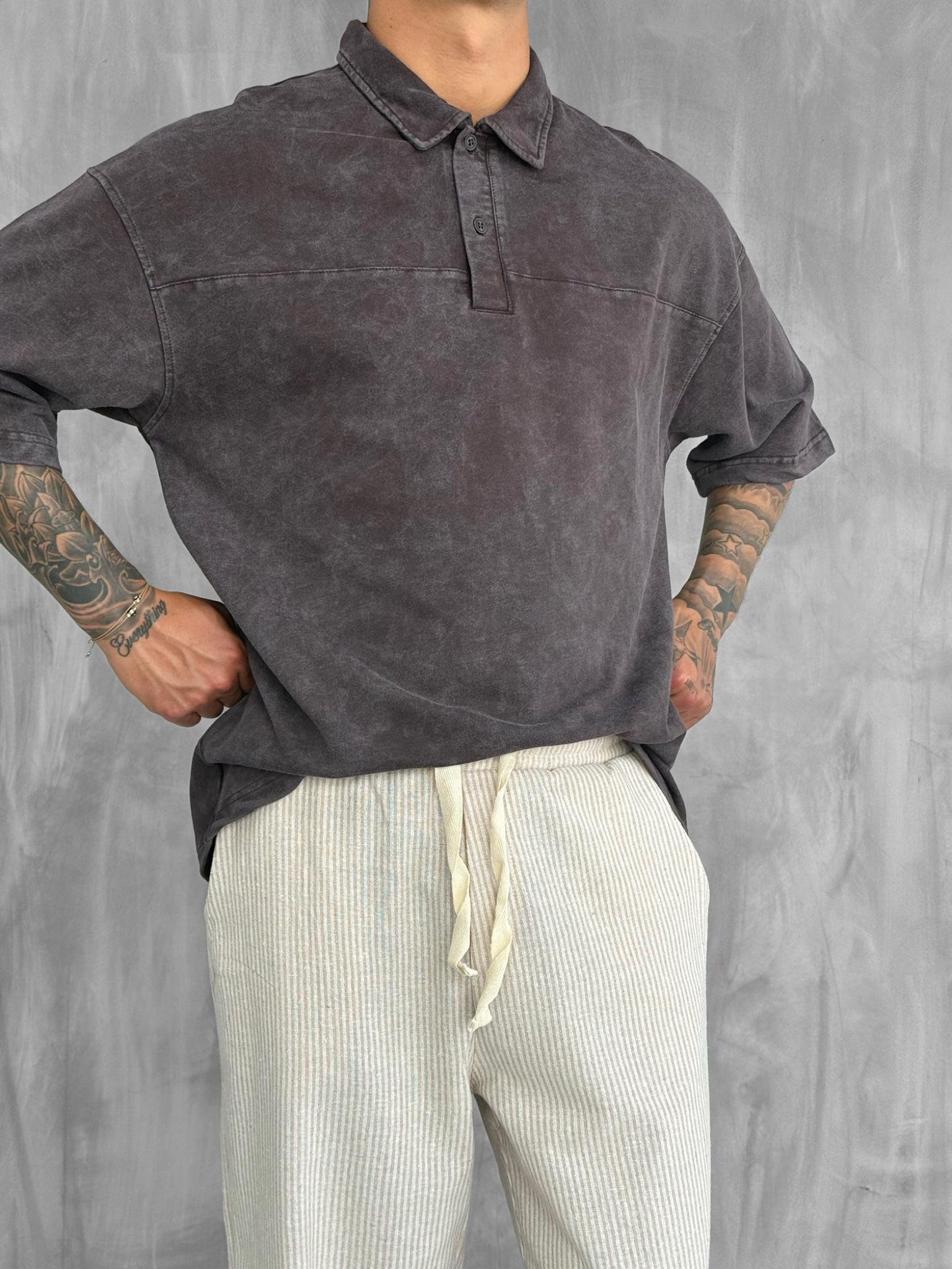 Erkek Polo Yaka Oversize Yıkamalı T-Shirt Kahve