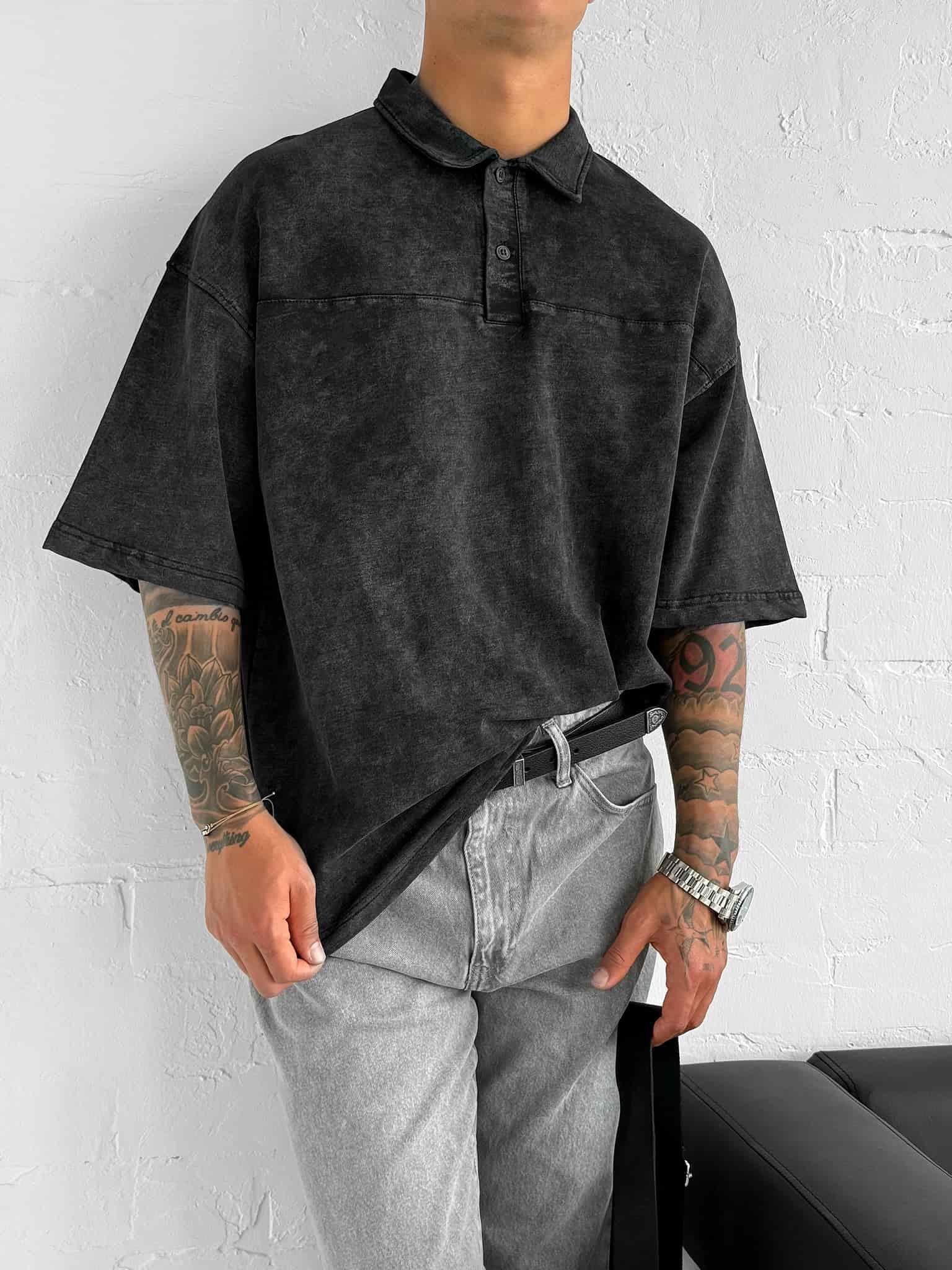 Erkek Polo Yaka Oversize Yıkamalı T-Shirt Siyah