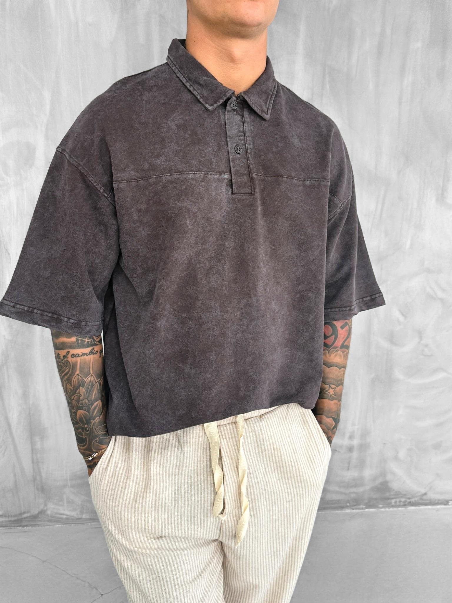 Erkek Polo Yaka Oversize Yıkamalı T-Shirt Kahve