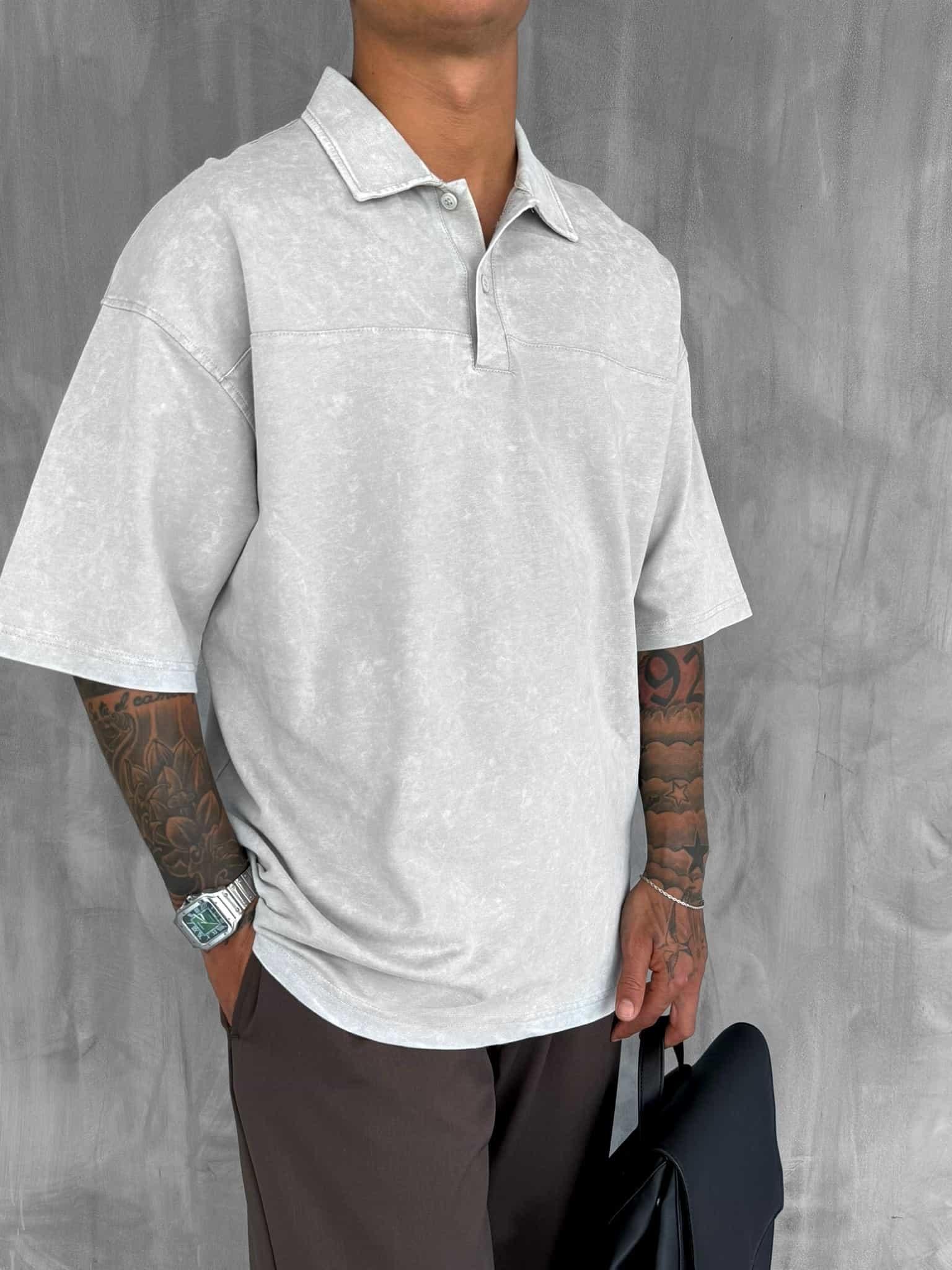 Erkek Polo Yaka Oversize Yıkamalı T-Shirt Gri