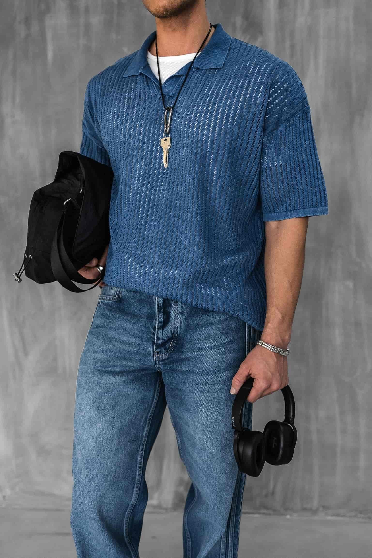 Erkek Polo Yaka Regular Fit Triko T-shirt Koyu Mavi