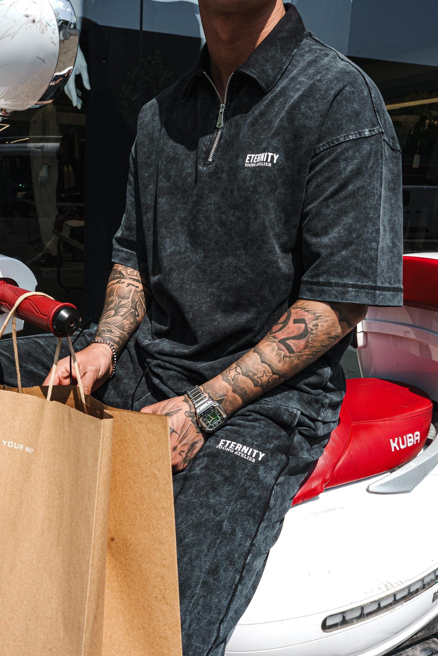 Erkek Polo Yaka Yıkamalı Oversize T-Shirt Siyah