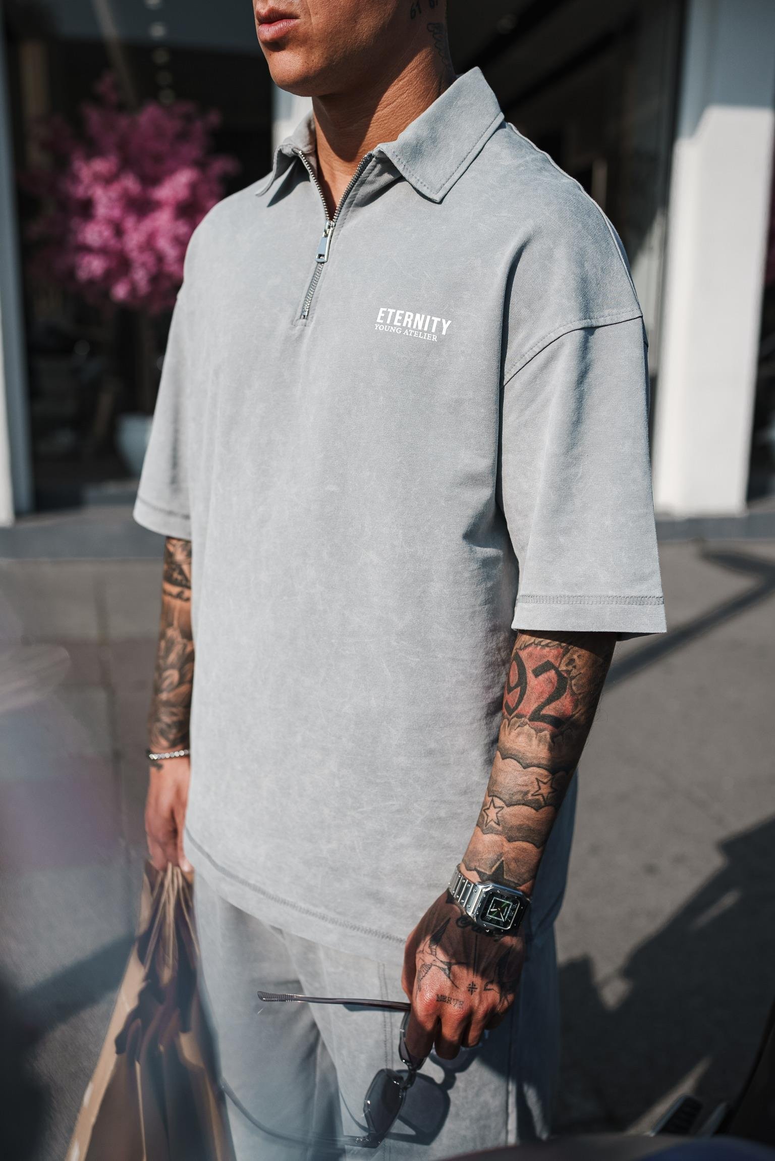 Erkek Polo Yaka Yıkamalı Oversize T-Shirt Gri