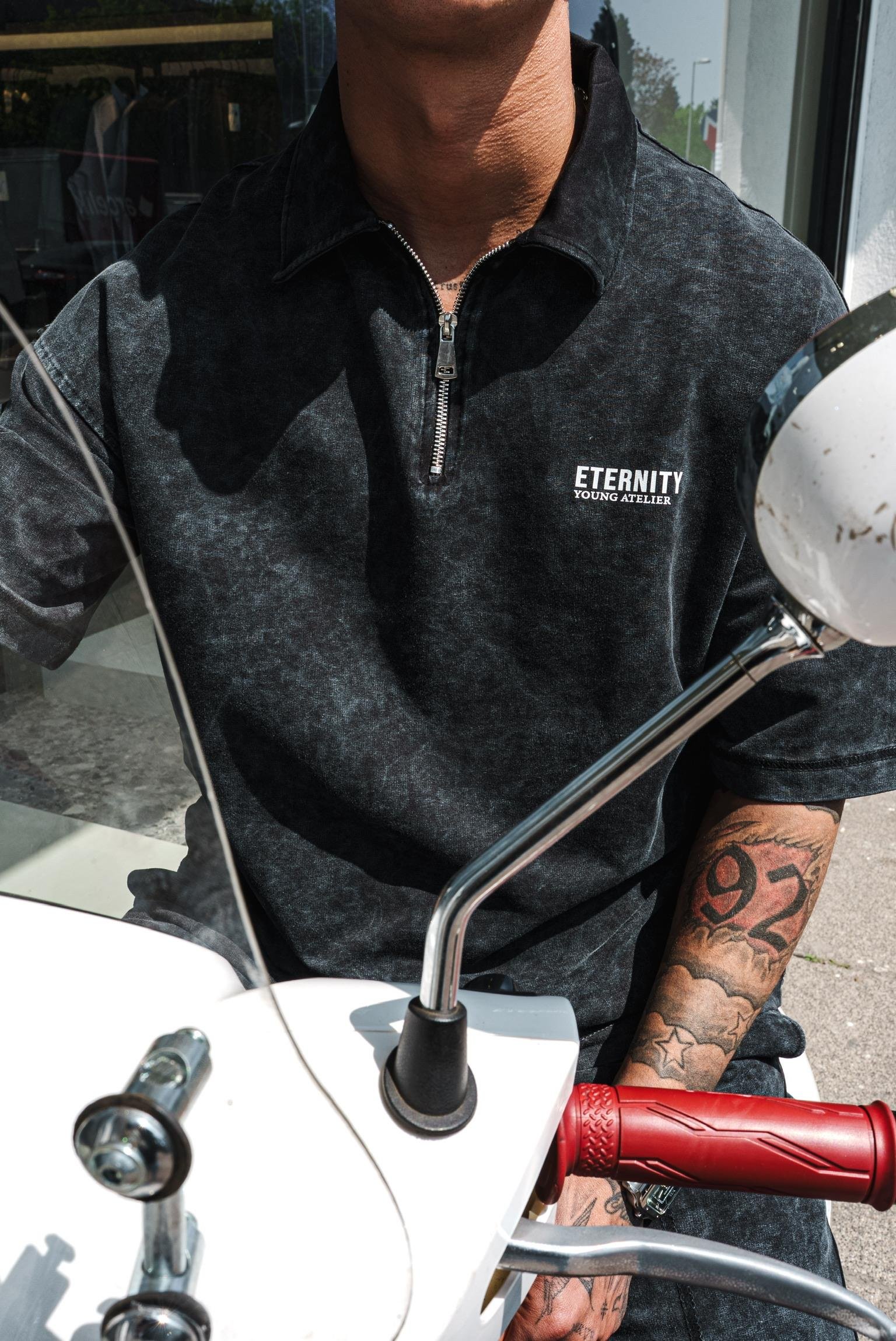 Erkek Polo Yaka Yıkamalı Oversize T-Shirt Siyah