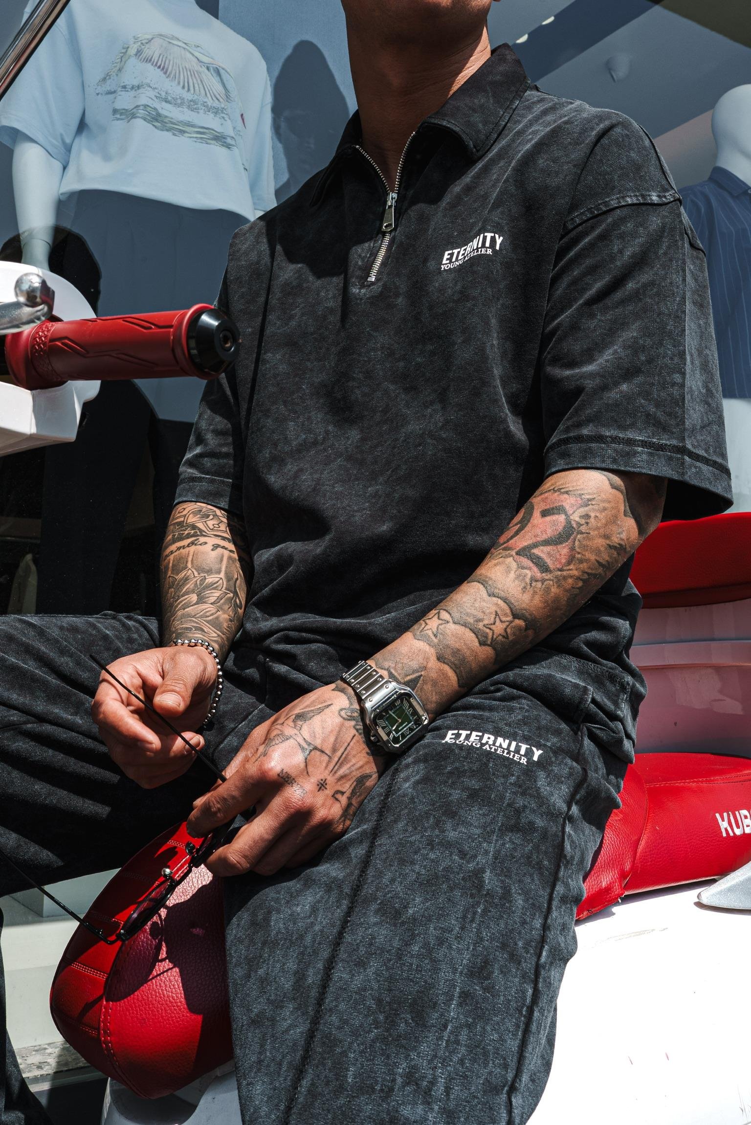 Erkek Polo Yaka Yıkamalı Oversize T-Shirt Siyah