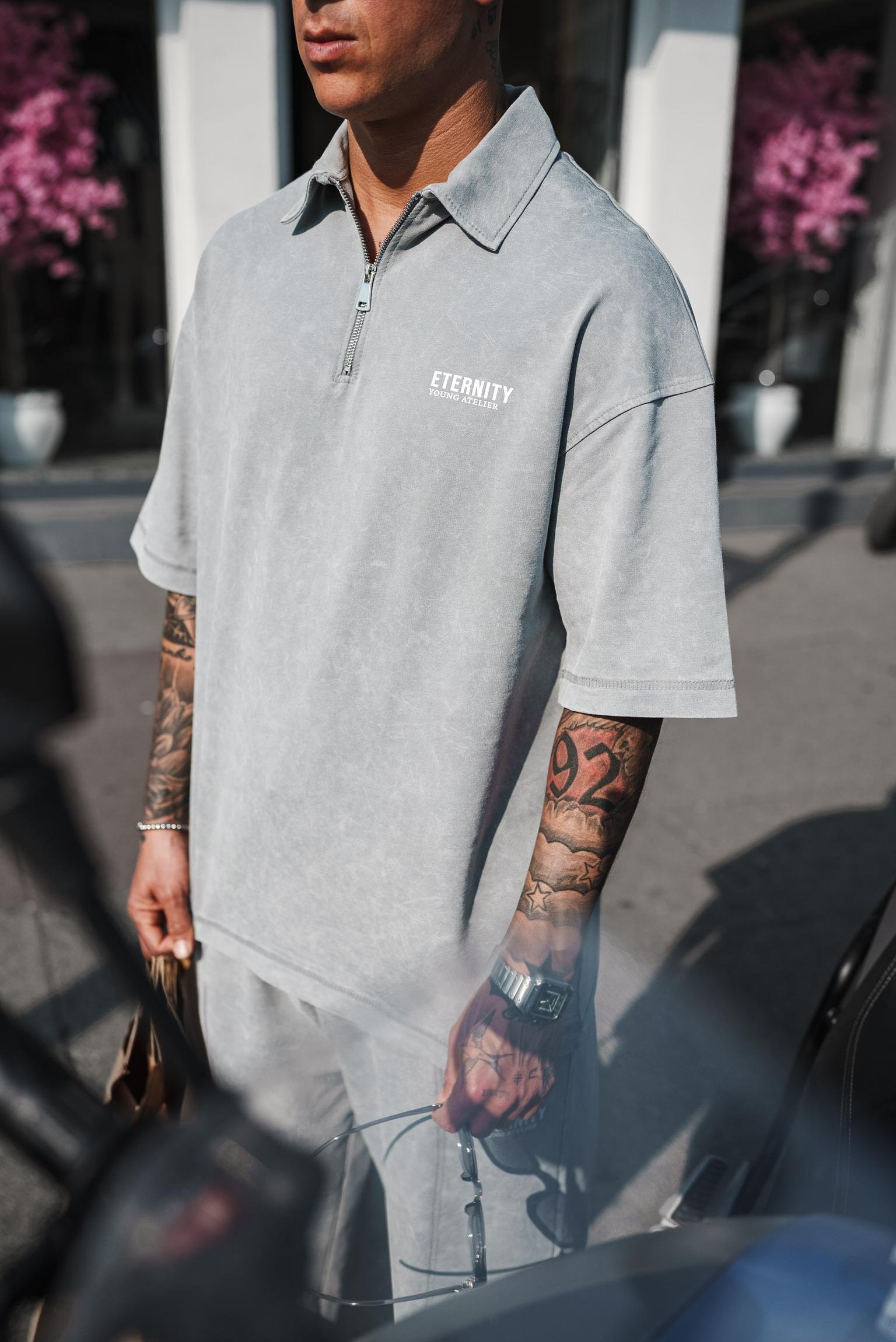 Erkek Polo Yaka Yıkamalı Oversize T-Shirt Gri