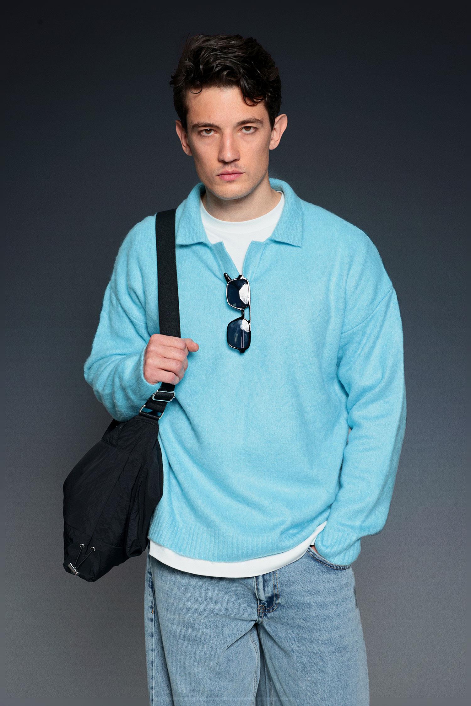 Erkek Polo Yaka Yumuşak Dokulu Oversize Kazak Bebek Mavi