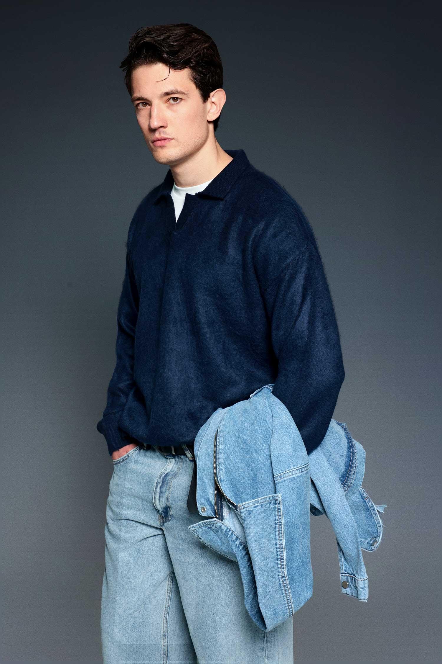 Erkek Polo Yaka Yumuşak Dokulu Oversize Kazak Lacivert