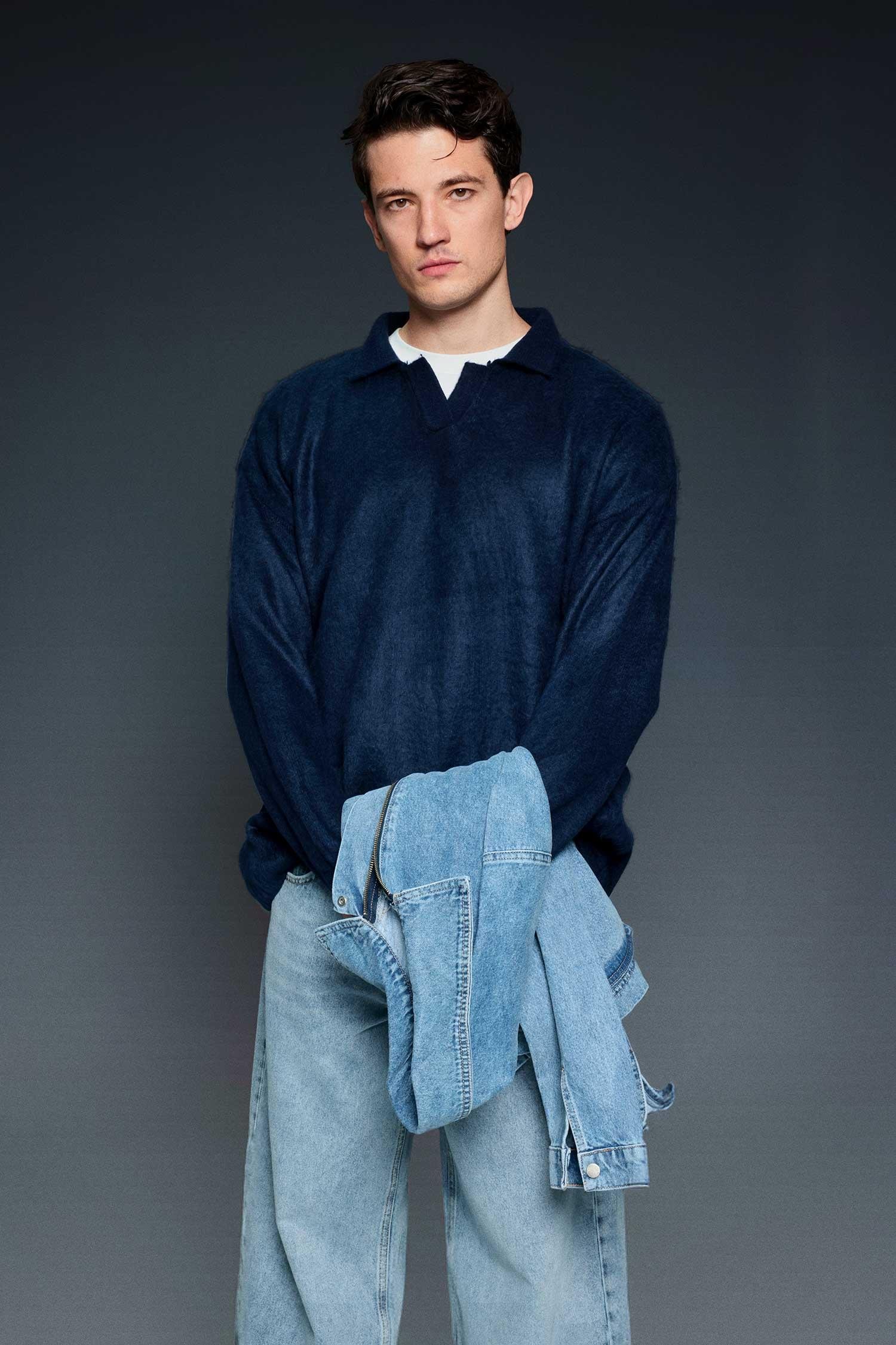 Erkek Polo Yaka Yumuşak Dokulu Oversize Kazak Lacivert