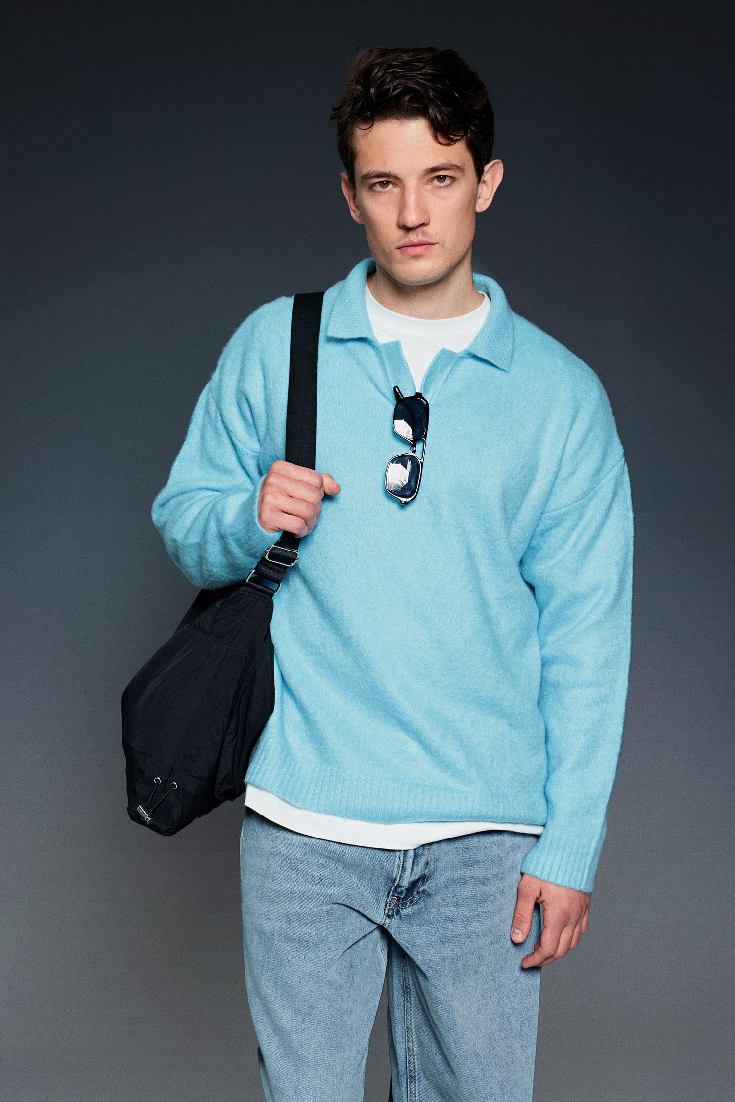 Erkek Polo Yaka Yumuşak Dokulu Oversize Kazak Bebek Mavi