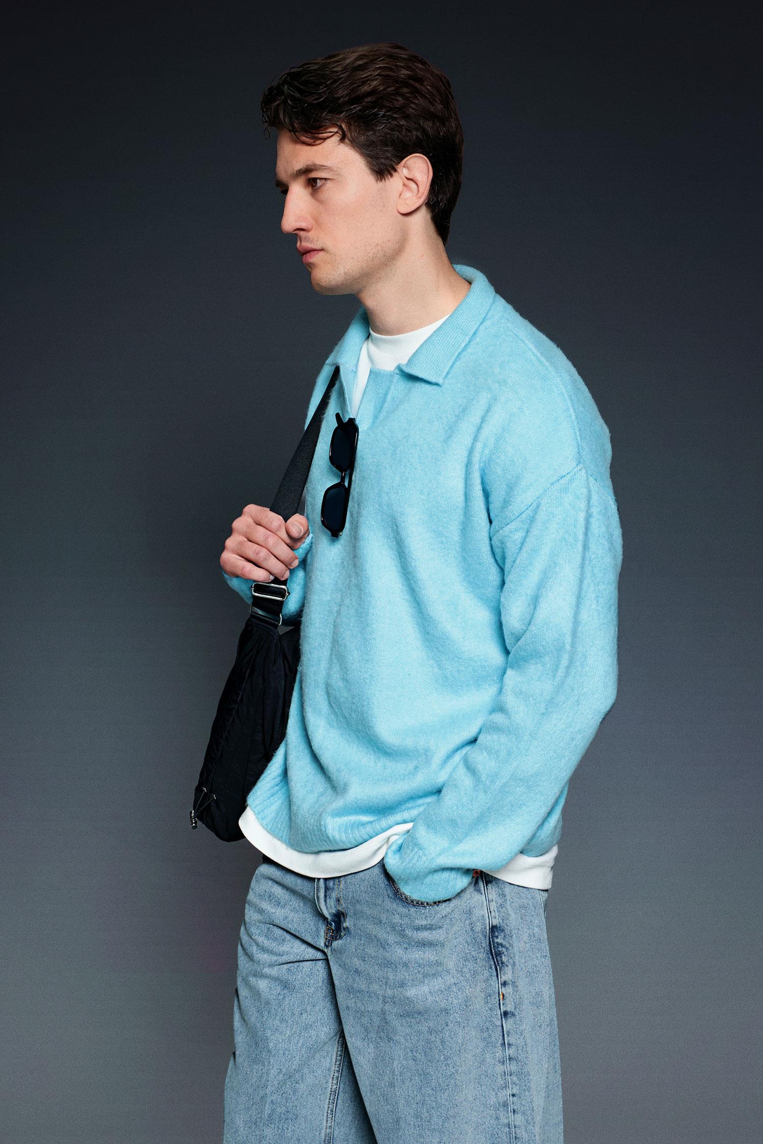 Erkek Polo Yaka Yumuşak Dokulu Oversize Kazak Bebek Mavi