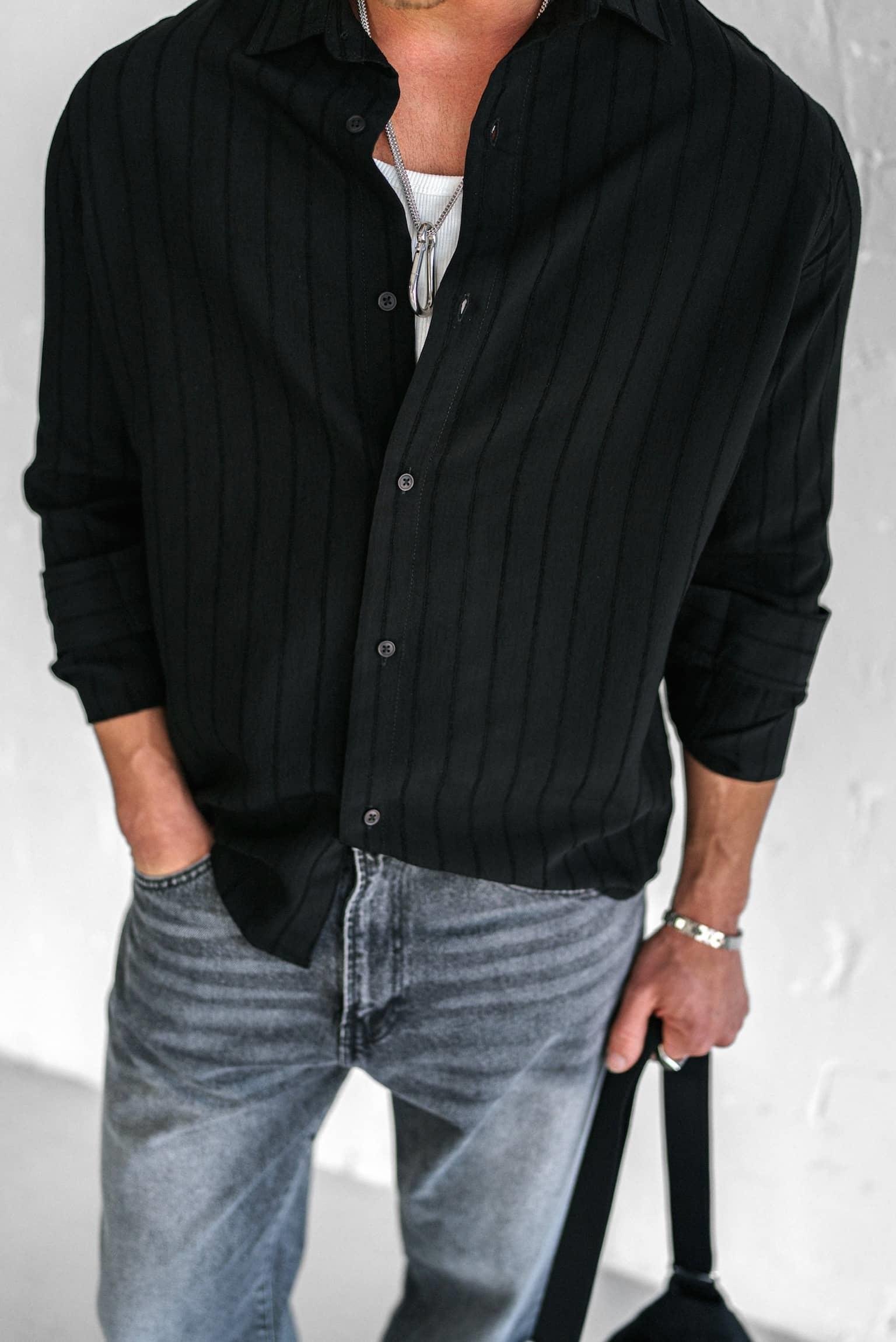 Erkek Premium Çizgili Pamuklu Oversize Gömlek Siyah