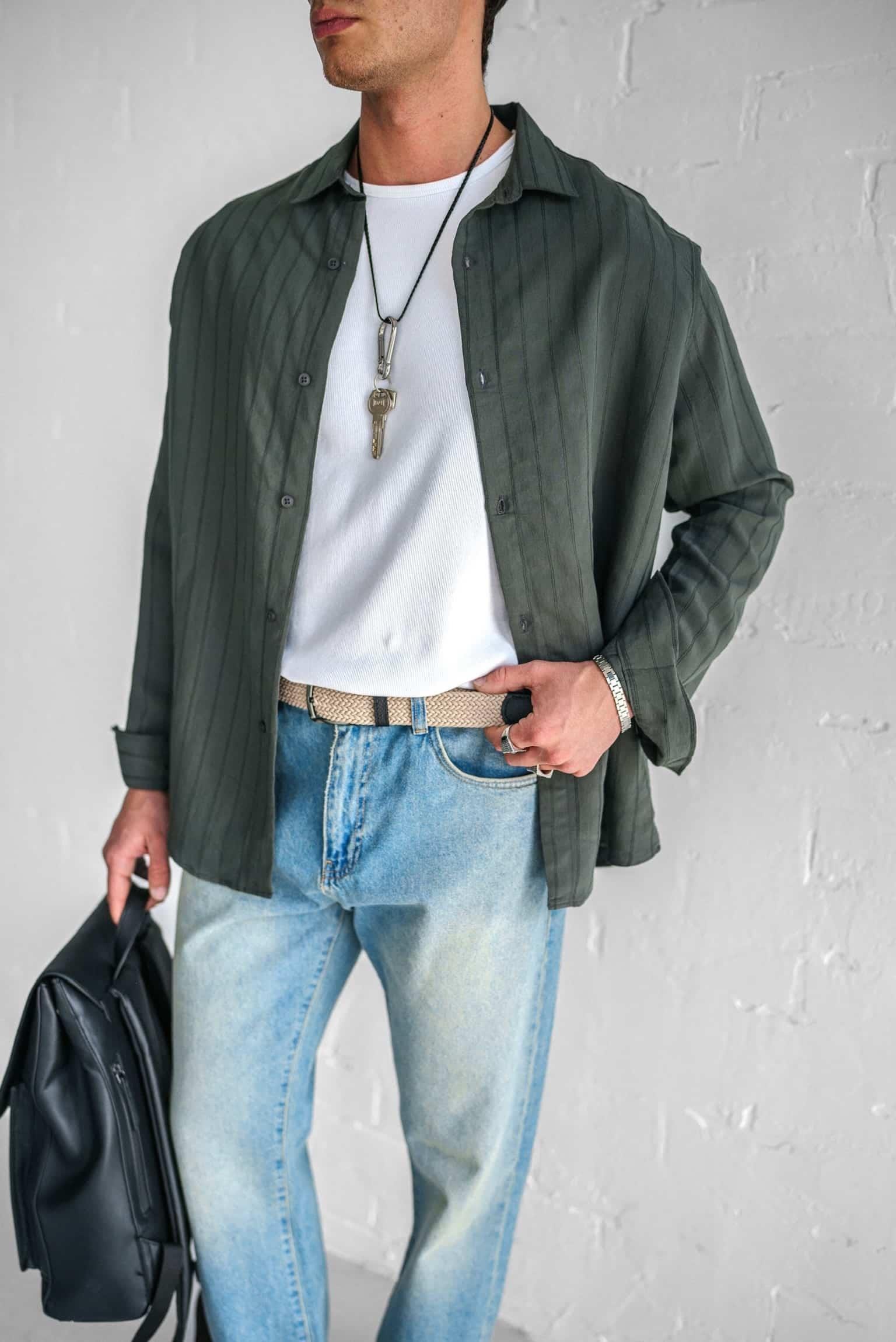 Erkek Premium Çizgili Pamuklu Oversize Gömlek Haki Yeşil