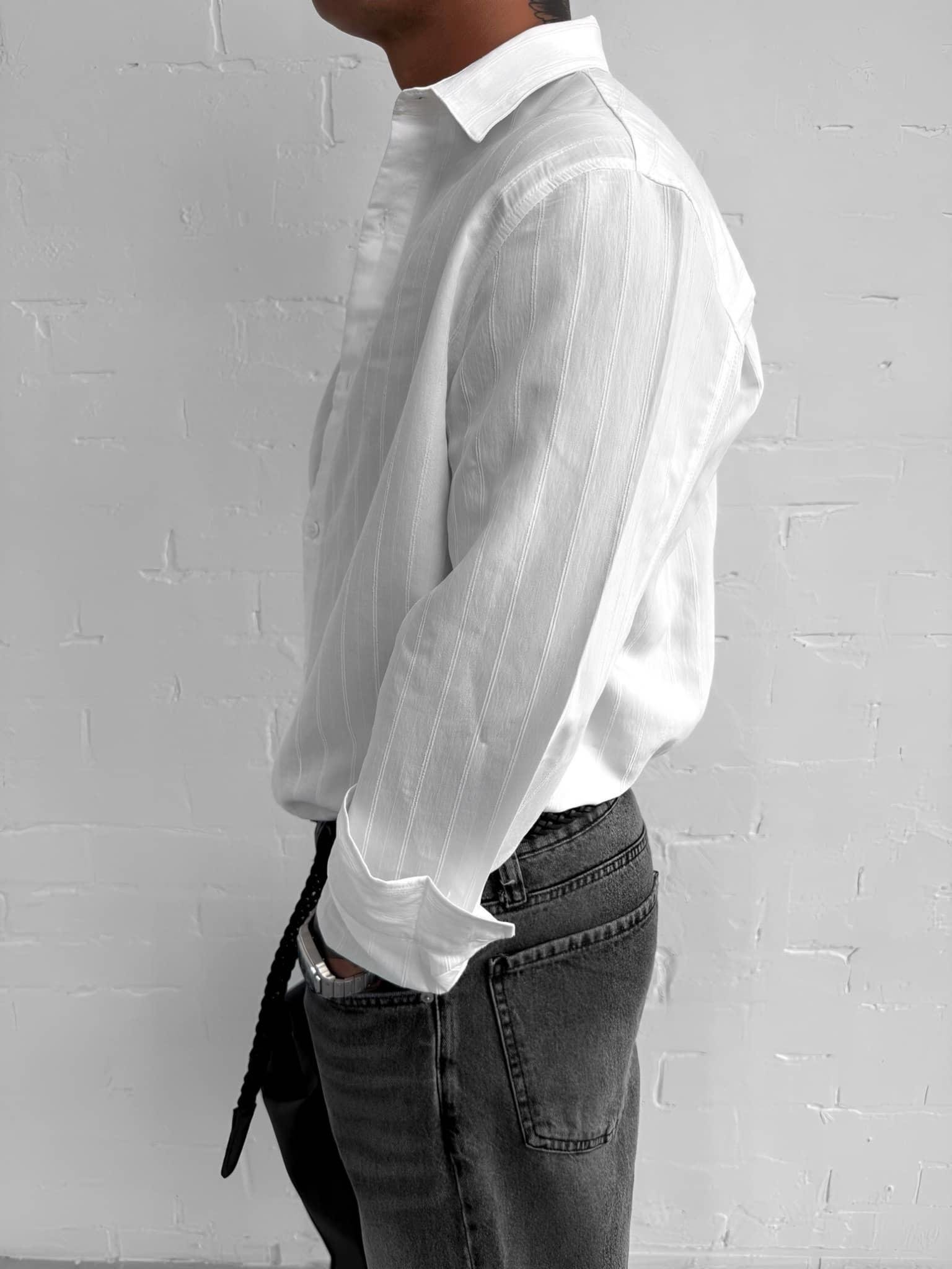 Erkek Premium Çizgili Pamuklu Oversize Gömlek Beyaz
