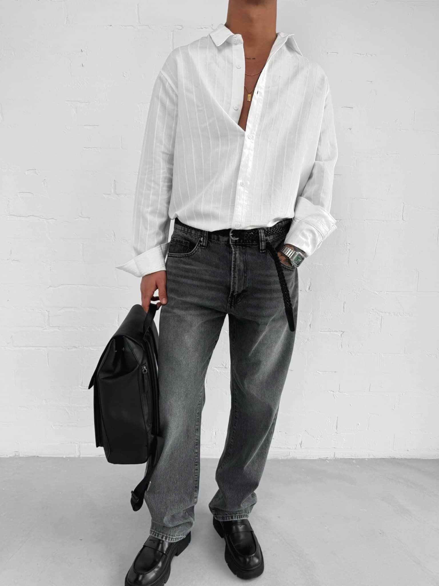 Erkek Premium Çizgili Pamuklu Oversize Gömlek Beyaz