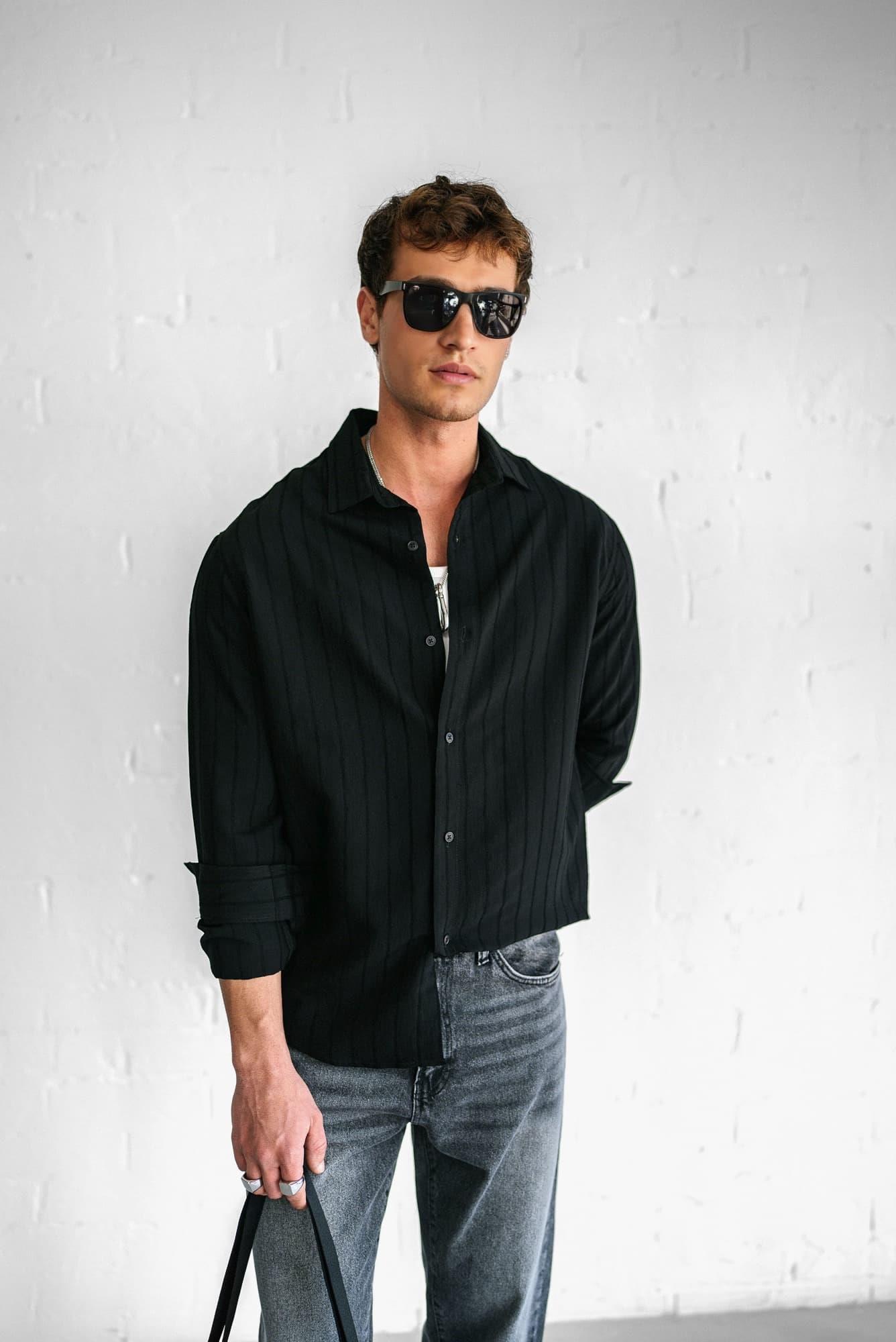 Erkek Premium Çizgili Pamuklu Oversize Gömlek Siyah