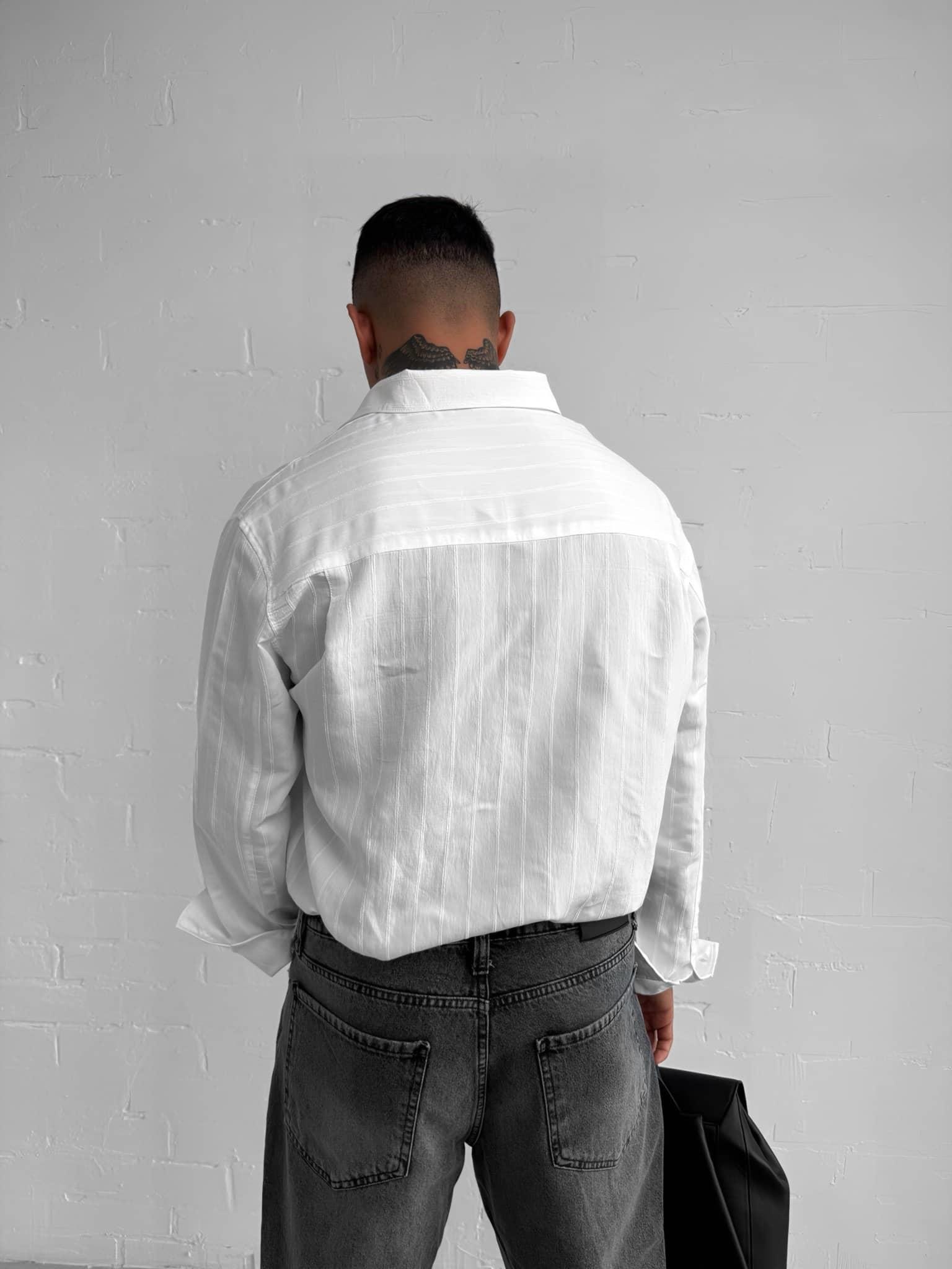 Erkek Premium Çizgili Pamuklu Oversize Gömlek Beyaz