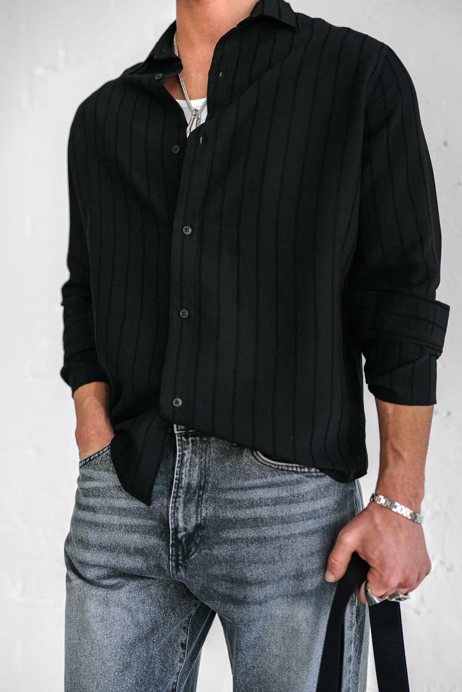 Erkek Premium Çizgili Pamuklu Oversize Gömlek Siyah