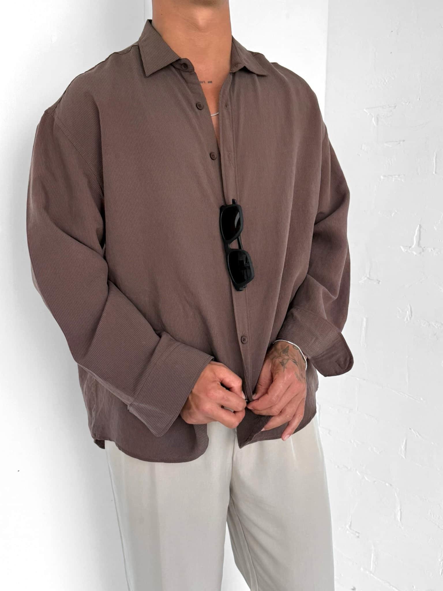 Erkek Premium Çizgili Uzun Kollu Oversize Gömlek Kahverengi