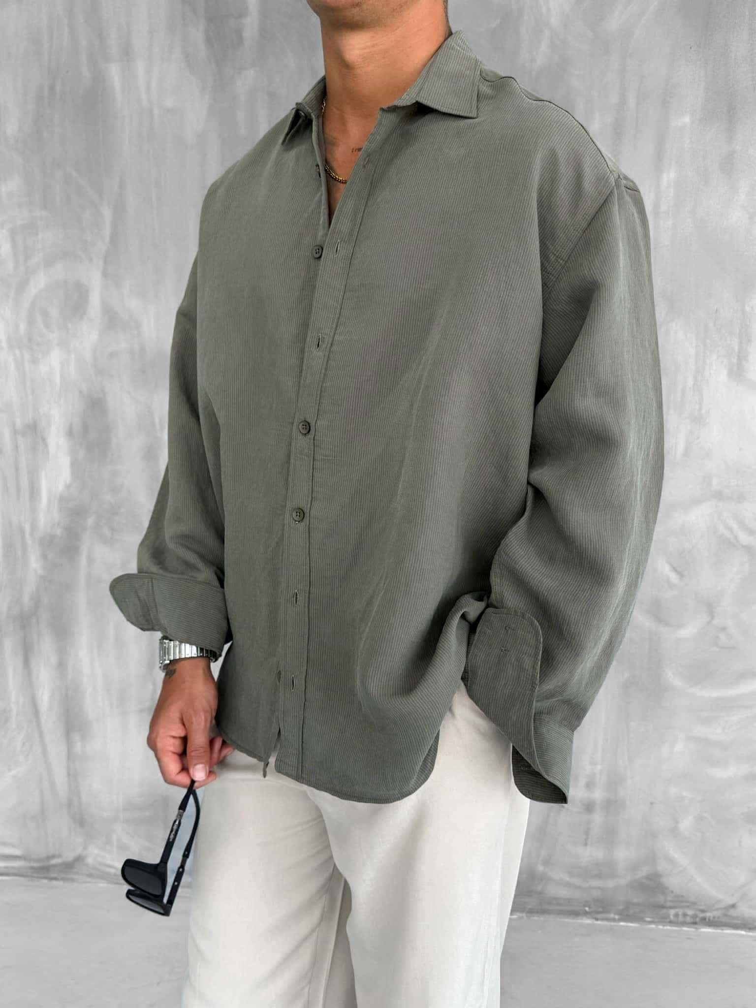 Erkek Premium Çizgili Uzun Kollu Oversize Gömlek Haki Yeşil