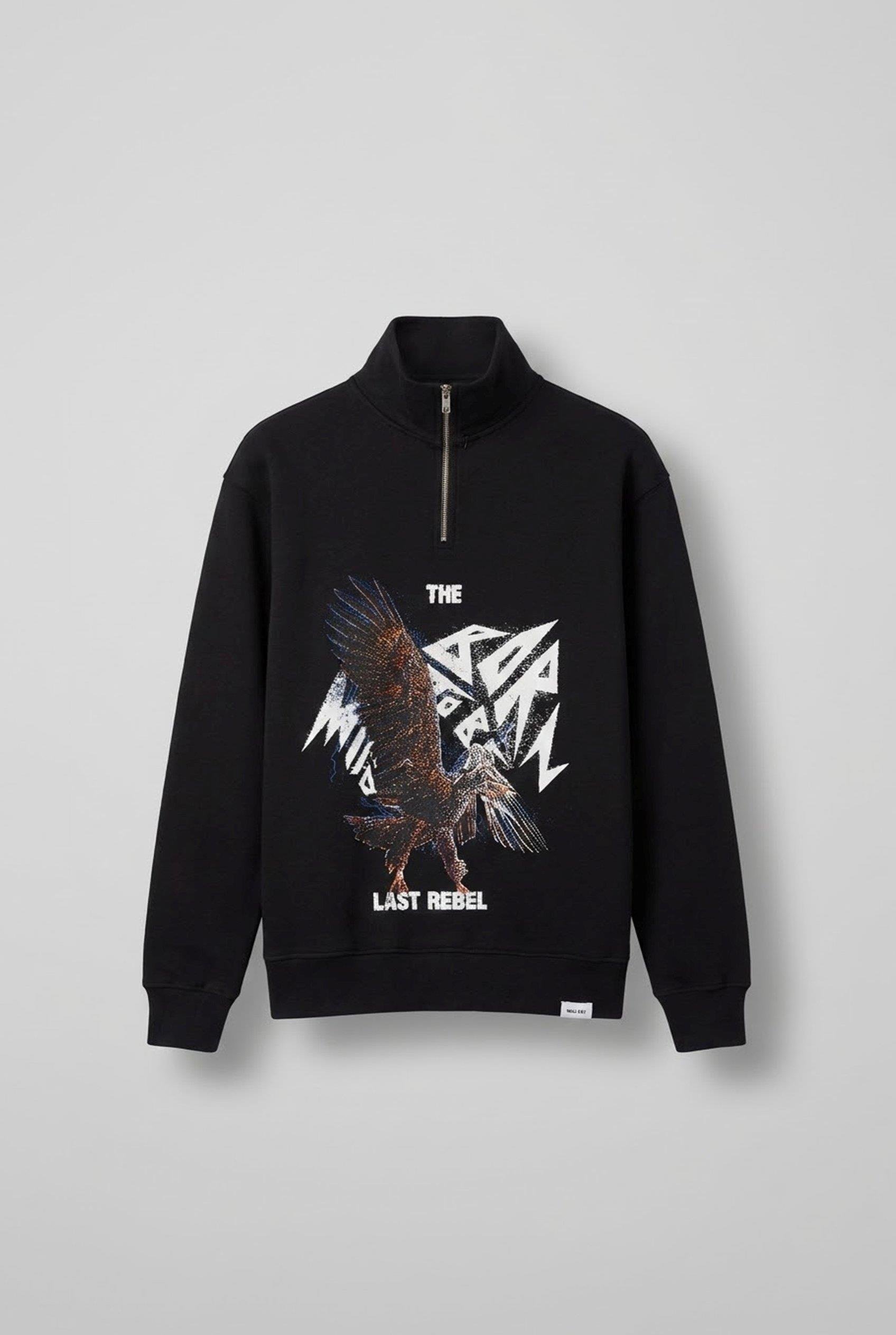 Erkek Rahat Kalıp Baskılı Yarım Fermuarlı Sweatshirt Siyah