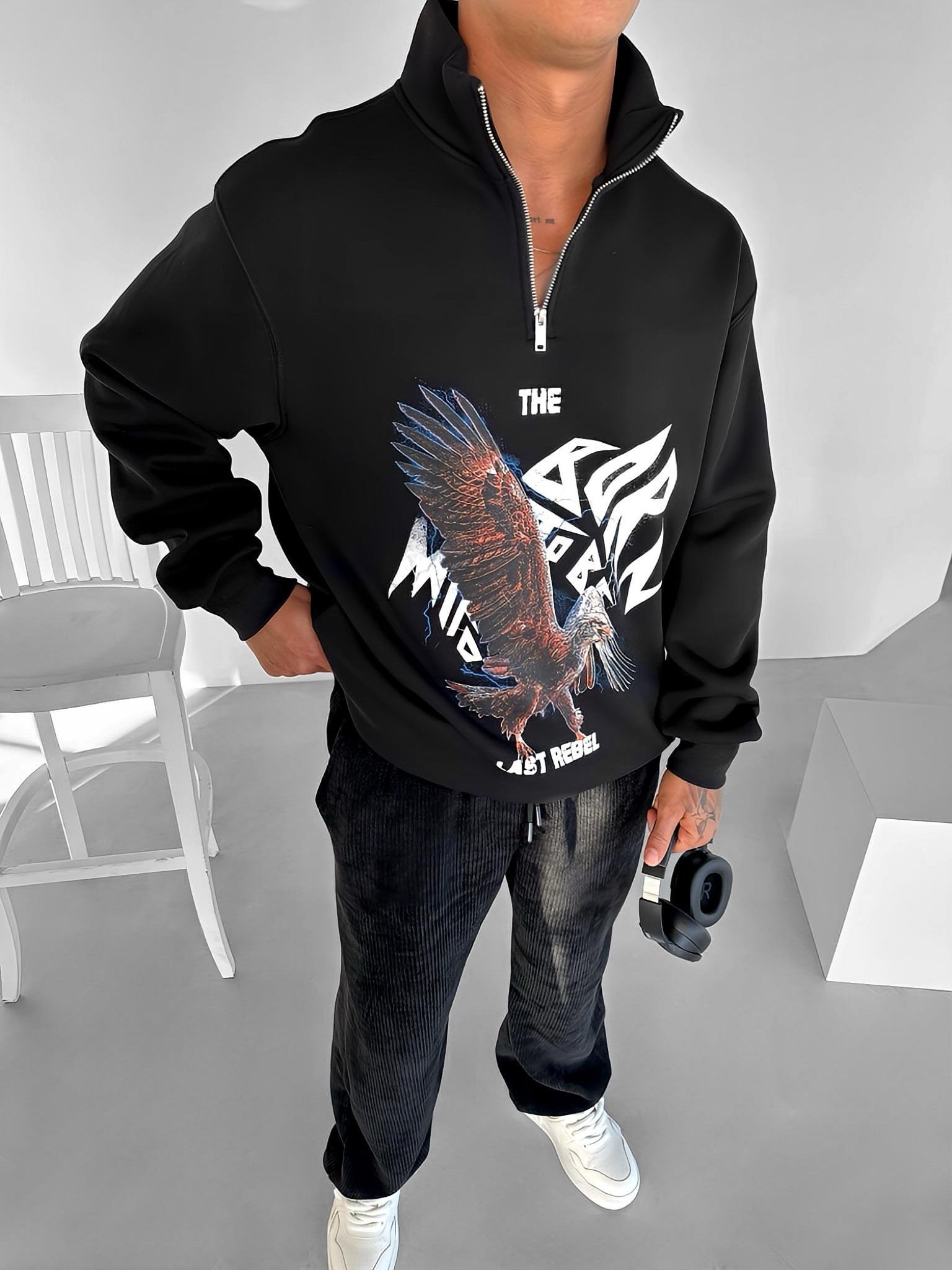 Erkek Rahat Kalıp Baskılı Yarım Fermuarlı Sweatshirt Siyah