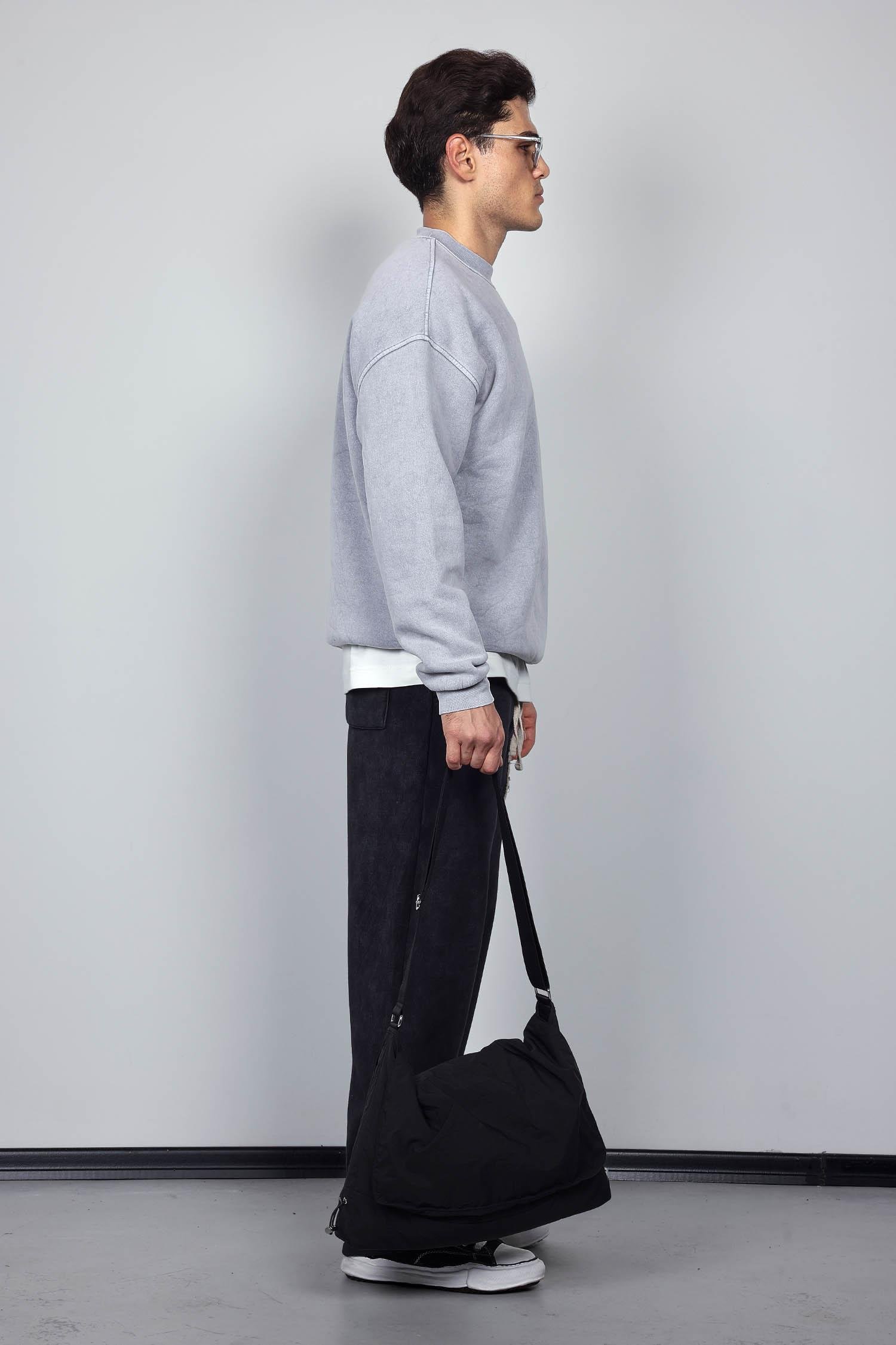 Erkek Rahat Kalıp Baskılı Yuvarlak Yaka Sweatshirt Gri