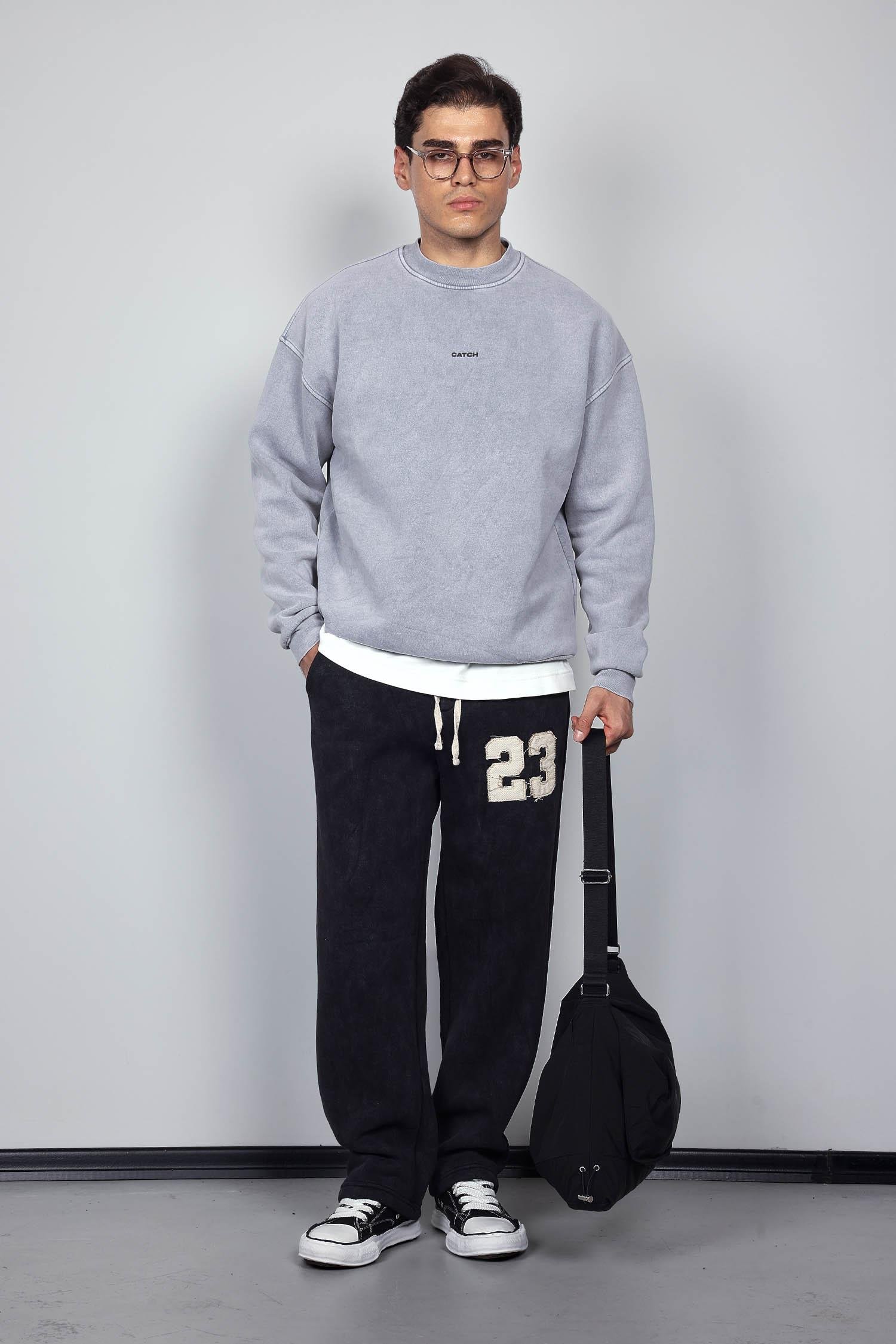 Erkek Rahat Kalıp Baskılı Yuvarlak Yaka Sweatshirt Gri