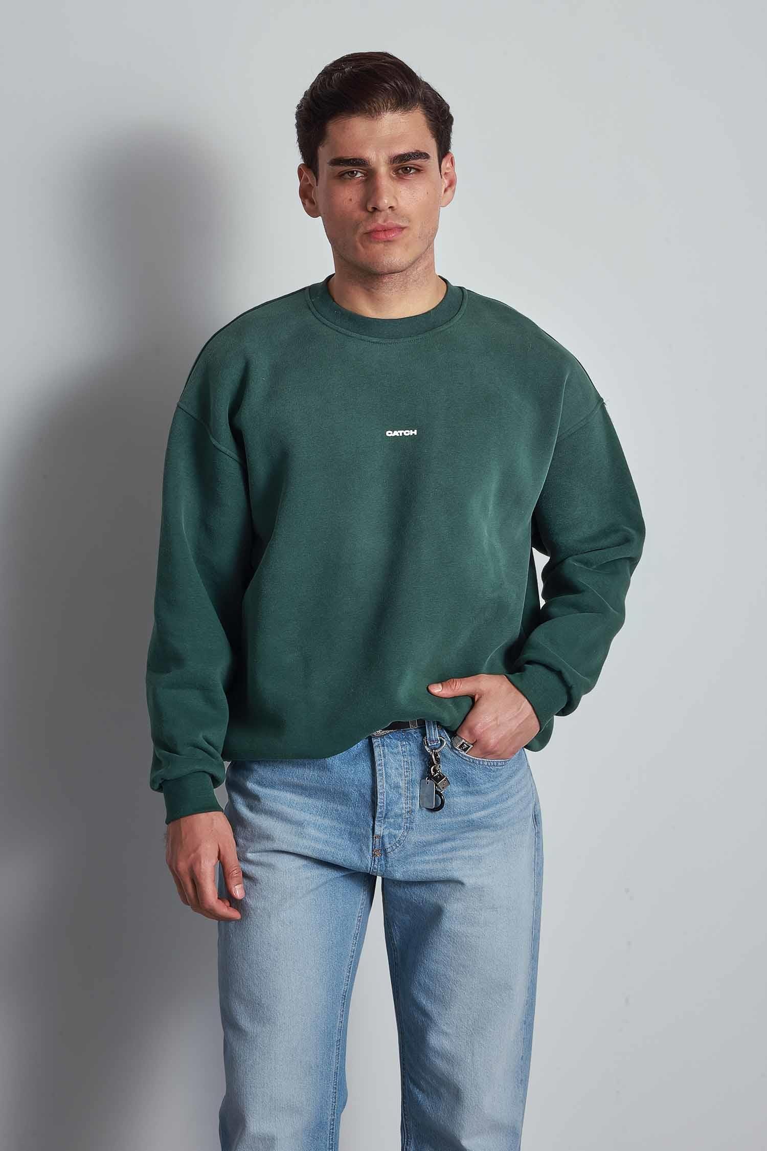 Erkek Rahat Kalıp Baskılı Yuvarlak Yaka Sweatshirt Yeşil