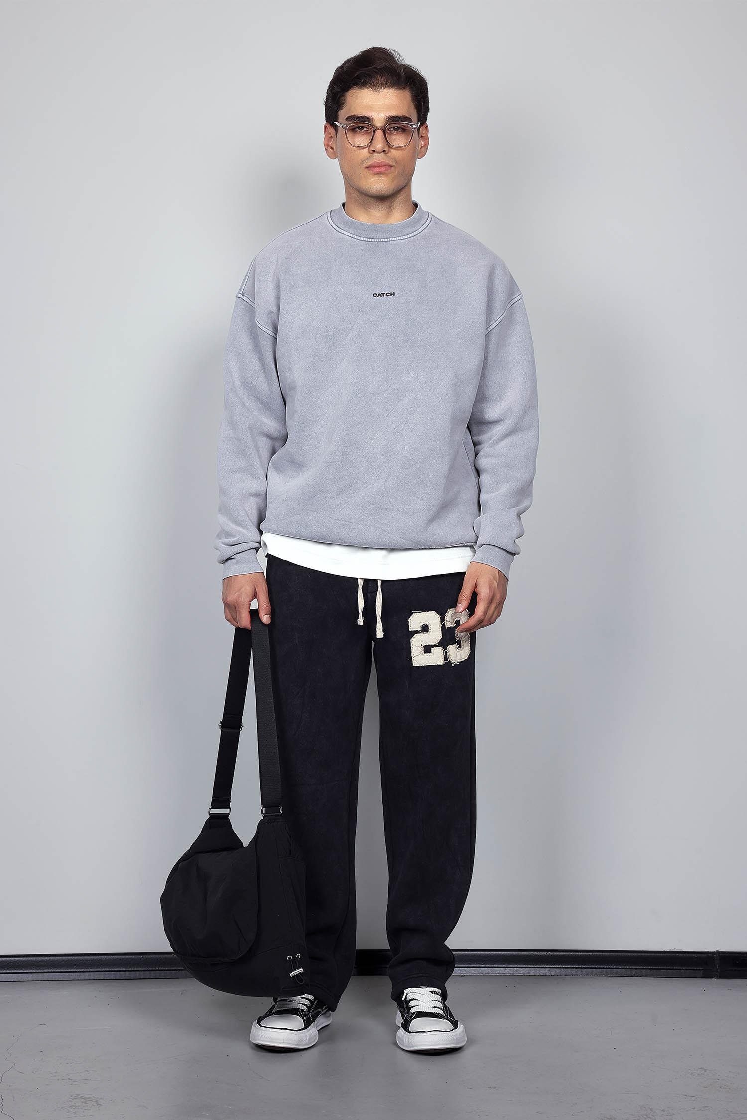 Erkek Rahat Kalıp Baskılı Yuvarlak Yaka Sweatshirt Gri