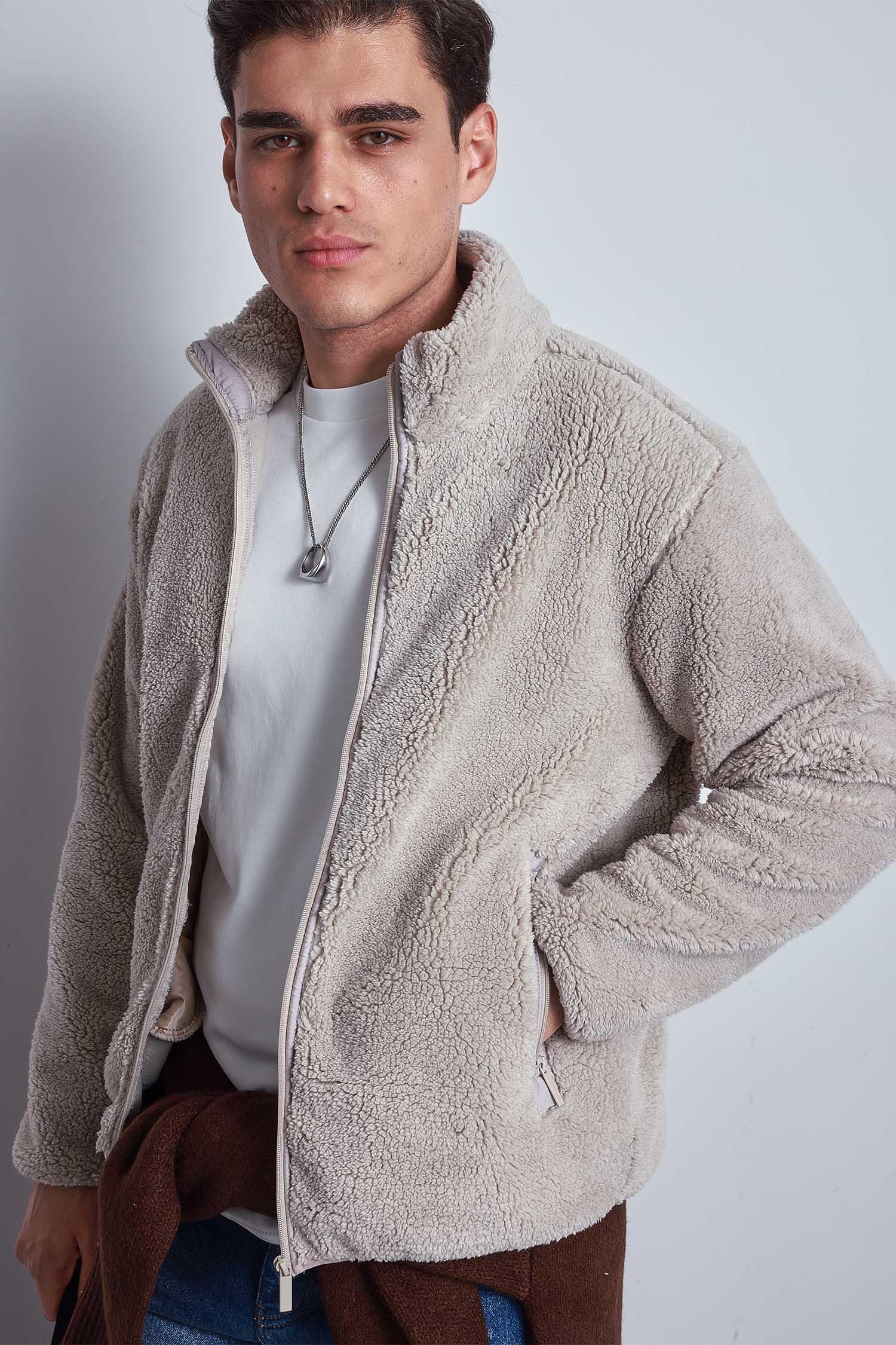 Erkek Rahat Kalıp Dik Yaka Fermuarlı Peluş Ceket Bej
