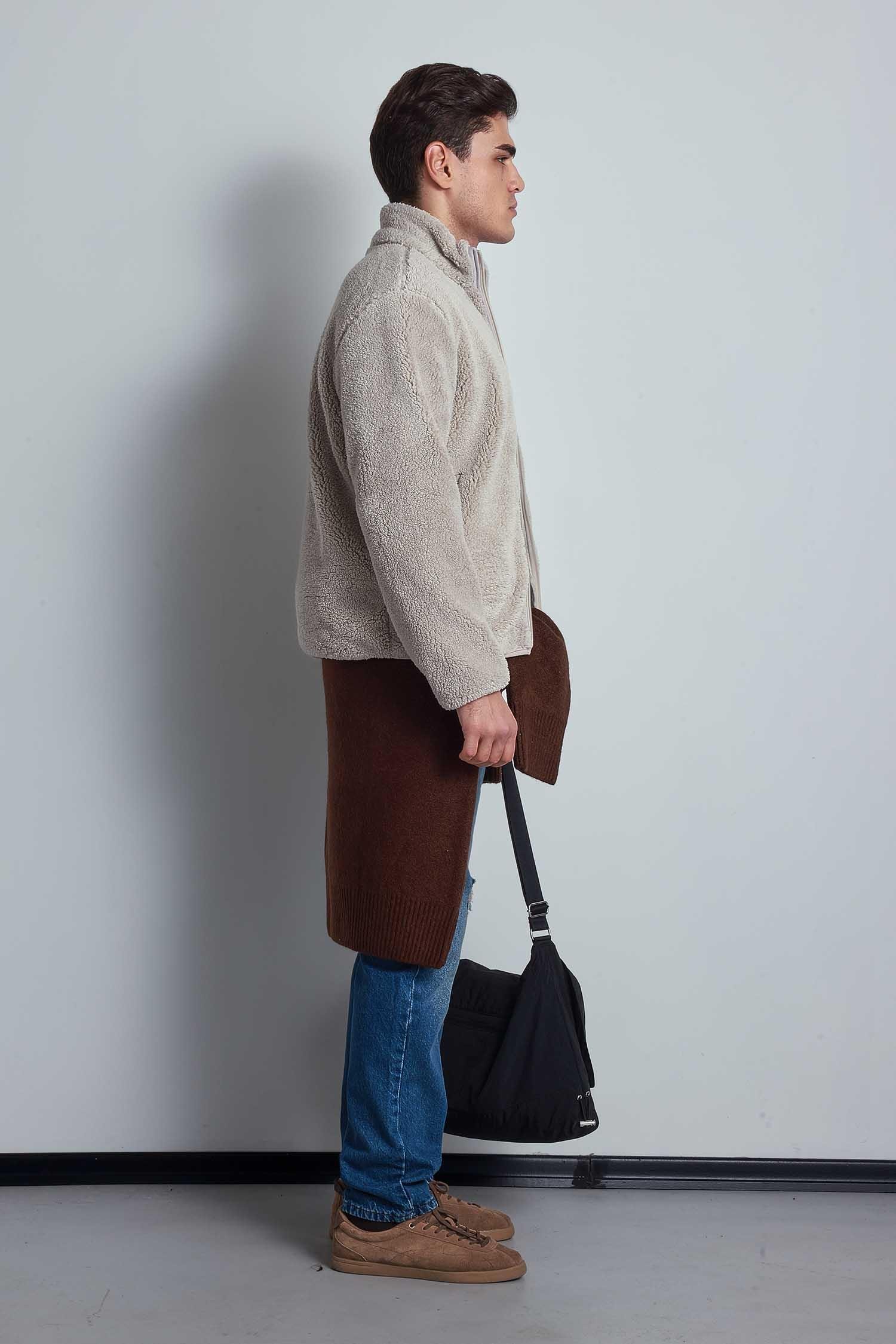 Erkek Rahat Kalıp Dik Yaka Fermuarlı Peluş Ceket Bej