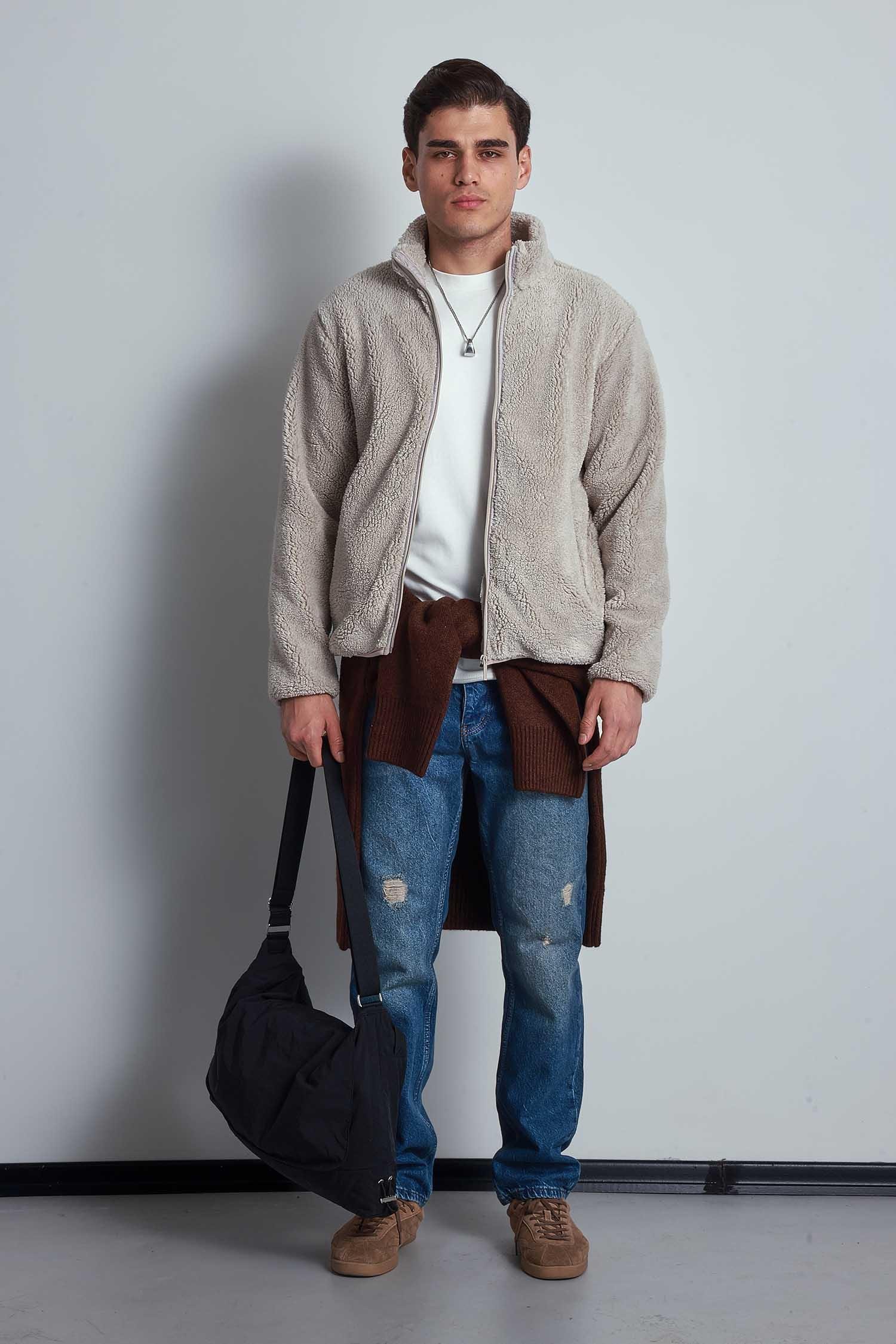 Erkek Rahat Kalıp Dik Yaka Fermuarlı Peluş Ceket Bej