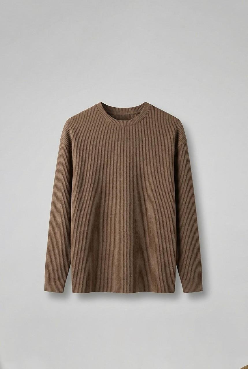 Erkek Rahat Kalıp Fitilli Uzun Kollu Sweatshirt Kahverengi