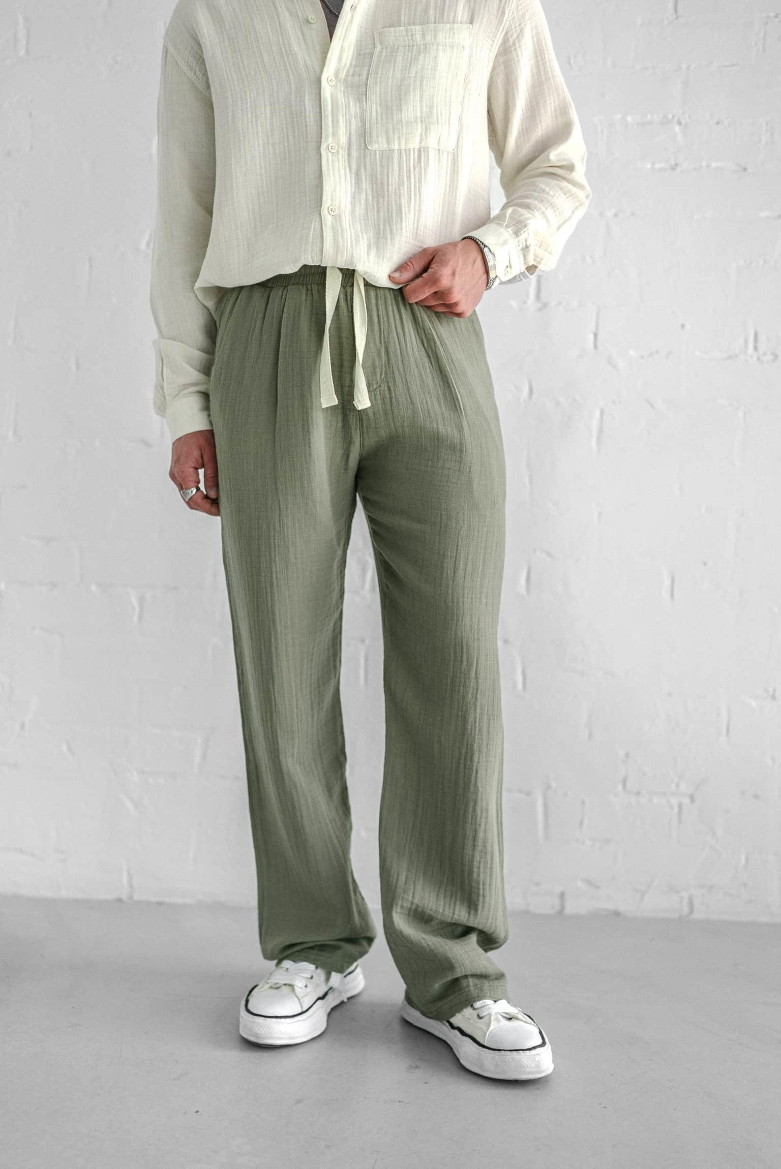 Erkek Rahat Kesim Baggy Fit Müslin Pantolon Açık Yeşil