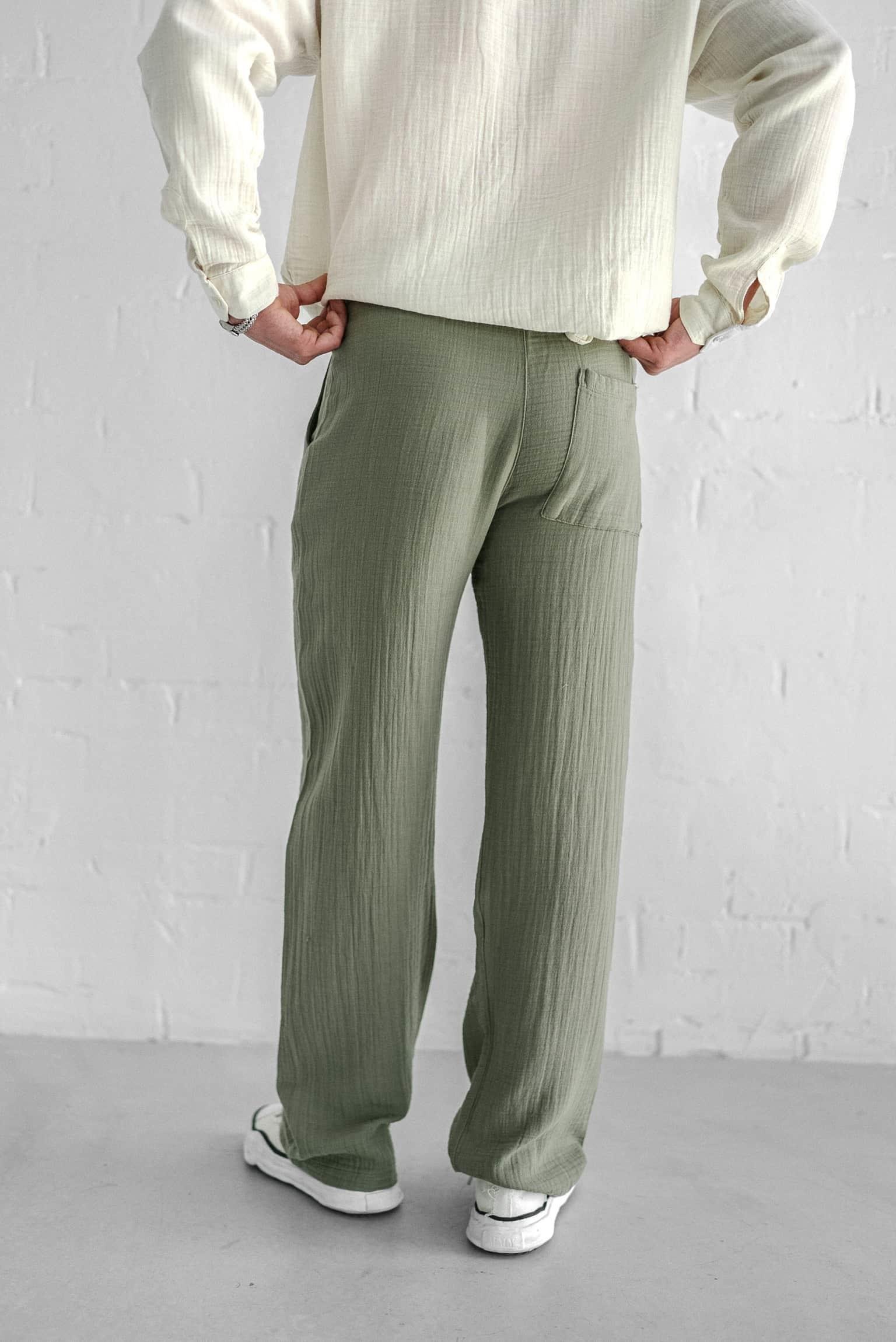 Erkek Rahat Kesim Baggy Fit Müslin Pantolon Açık Yeşil