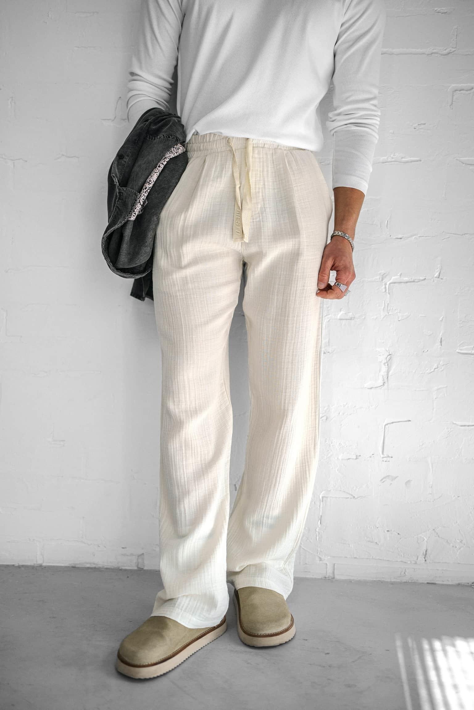 Erkek Rahat Kesim Baggy Fit Müslin Pantolon Ekru