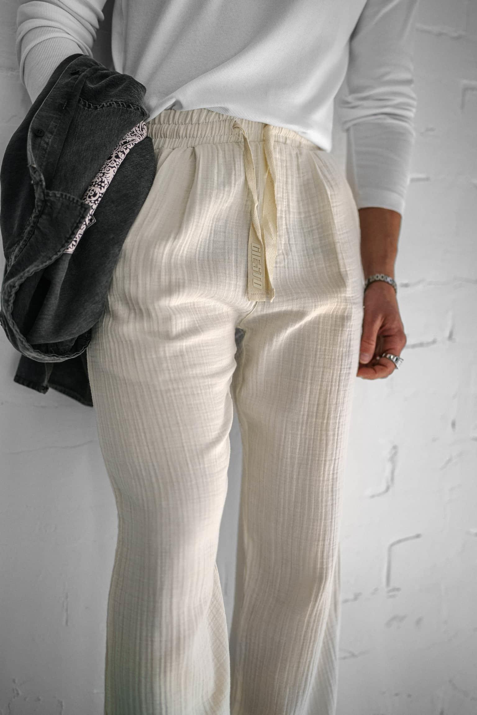 Erkek Rahat Kesim Baggy Fit Müslin Pantolon Ekru