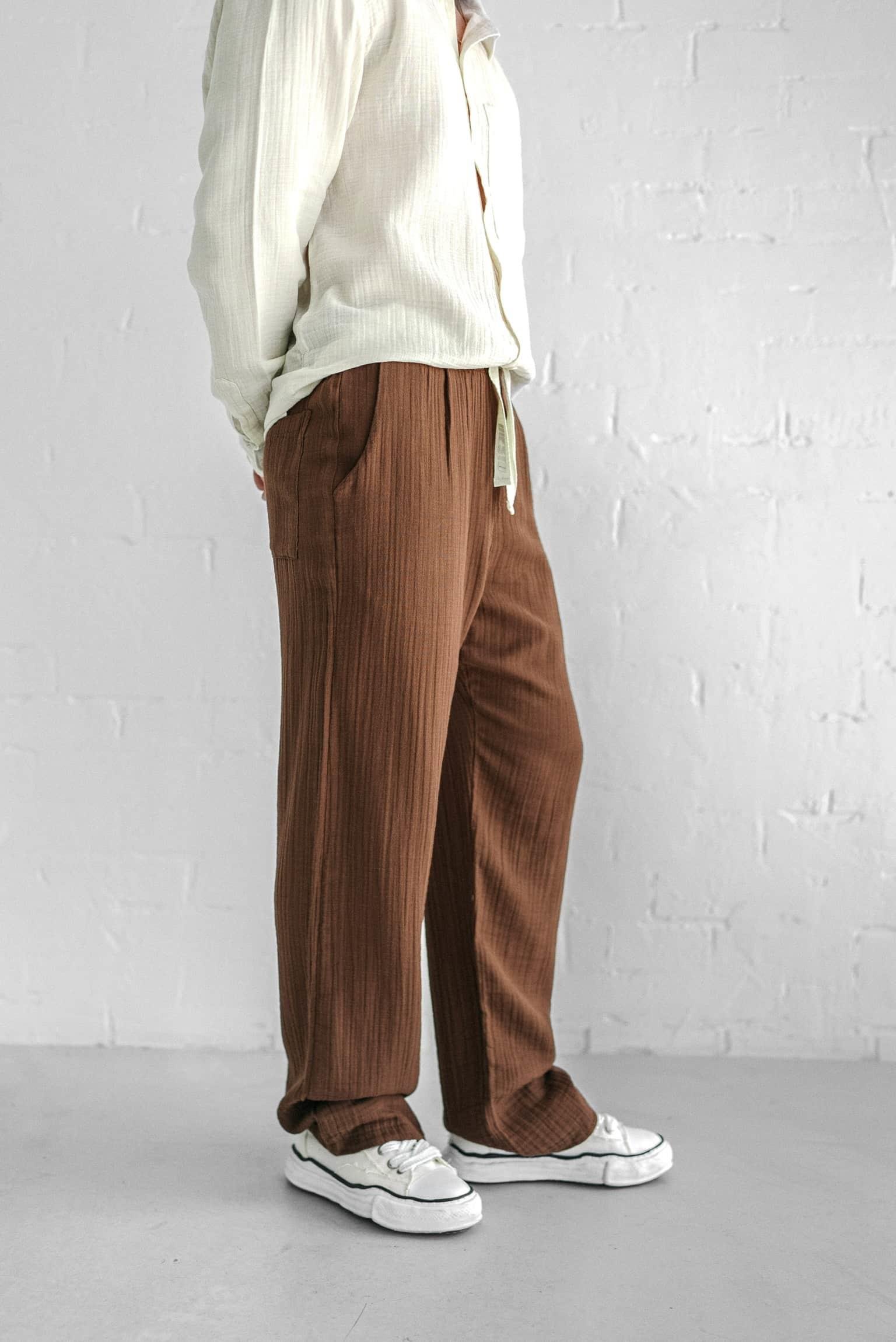 Erkek Rahat Kesim Baggy Fit Müslin Pantolon Kahve