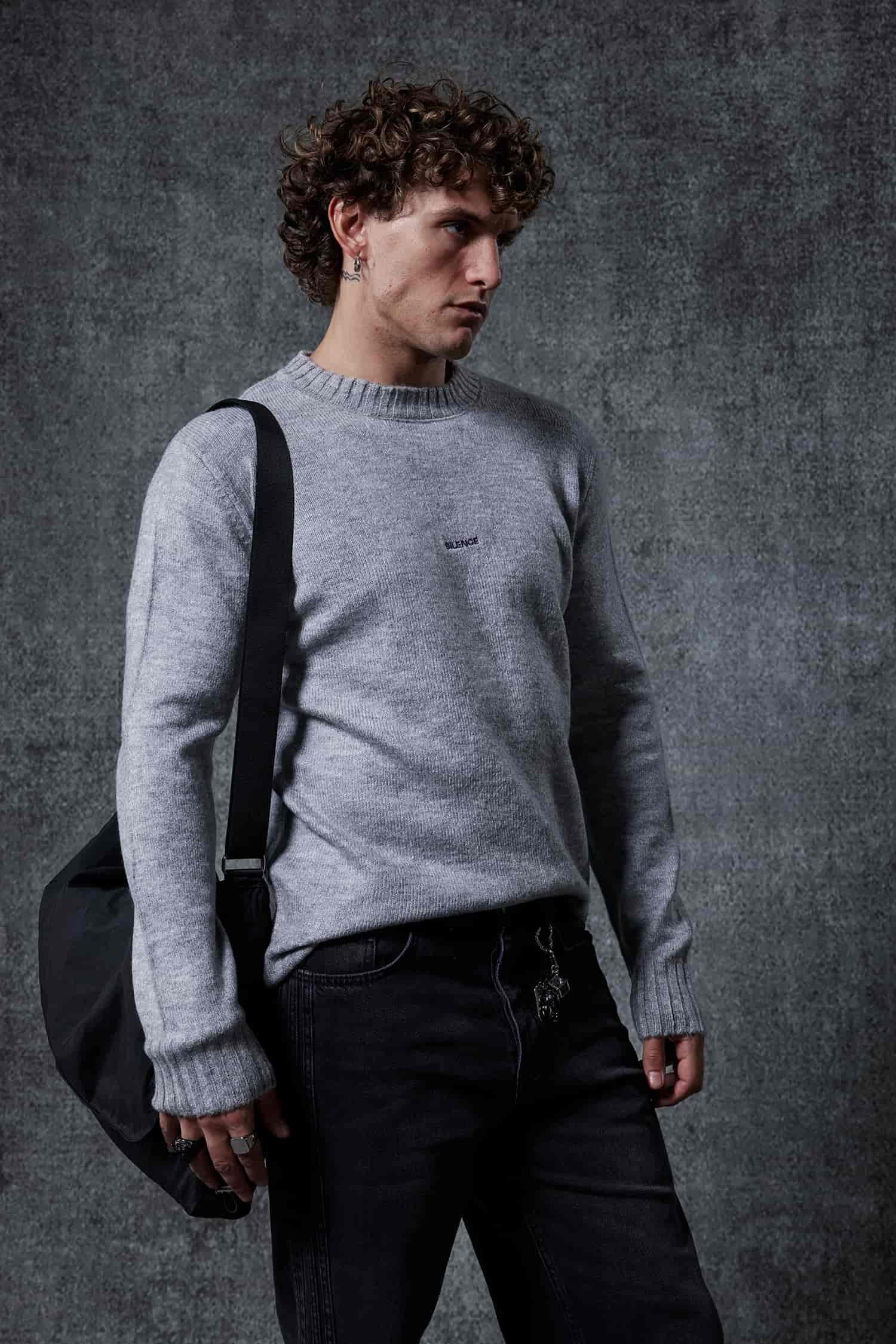 Erkek Regular Fit Bisiklet Yaka Kazak Gri